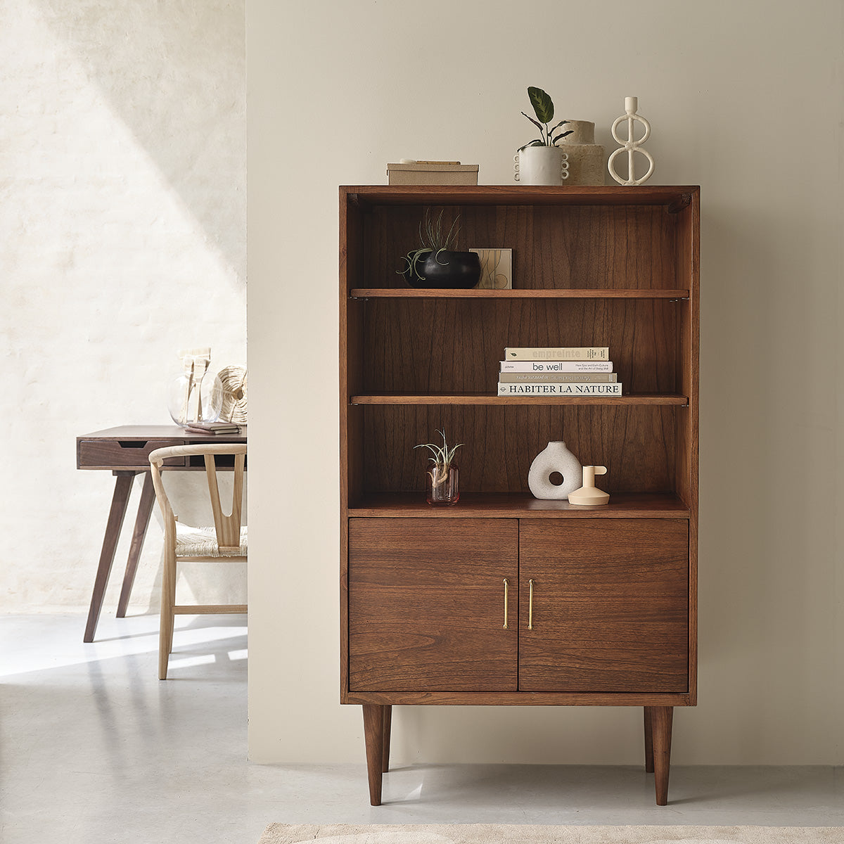 VINTAGE - Bibliothèque en mindi massif finition noyer 85 cm