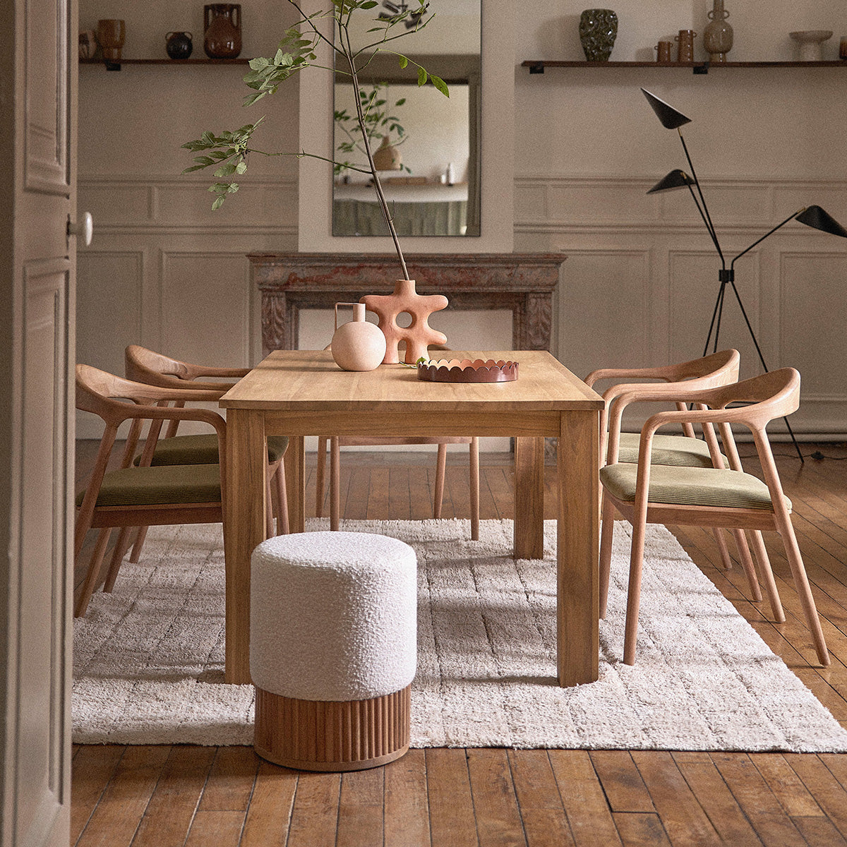 SERENE - Pouf en teck massif et tissu bouclette blanc Ø38 cm