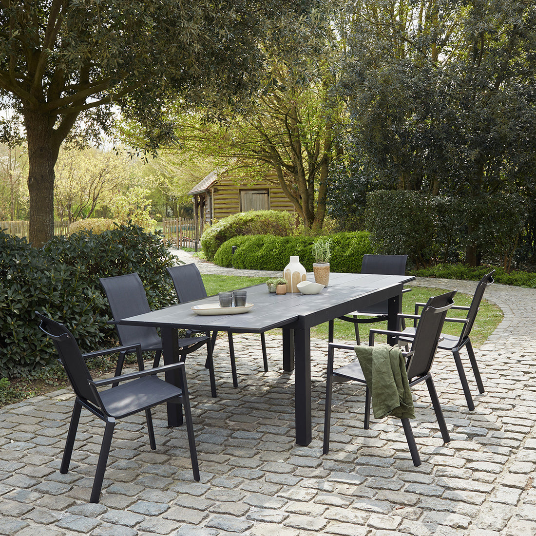HPL STAR - Salon de jardin aluminium noir et textilène gris 6/10 pers.