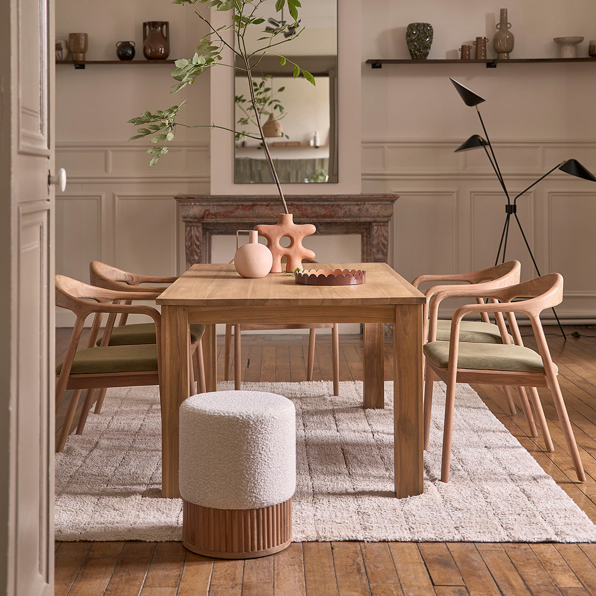 AMBRE - Chaise en teck massif assise velours côtelé kaki