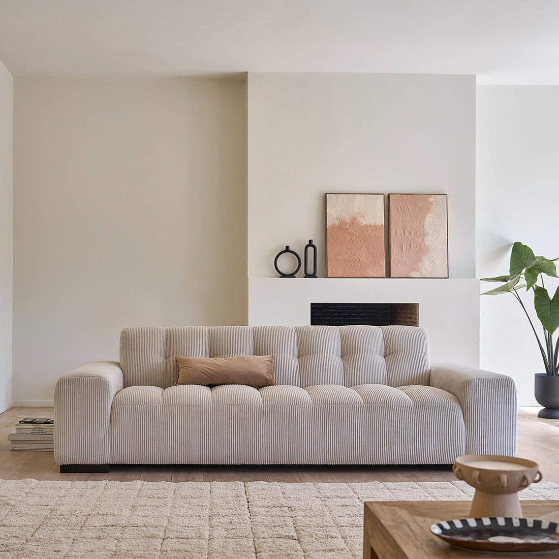 ALPHONSE - Canapé droit 4 places en velours côtelé écru