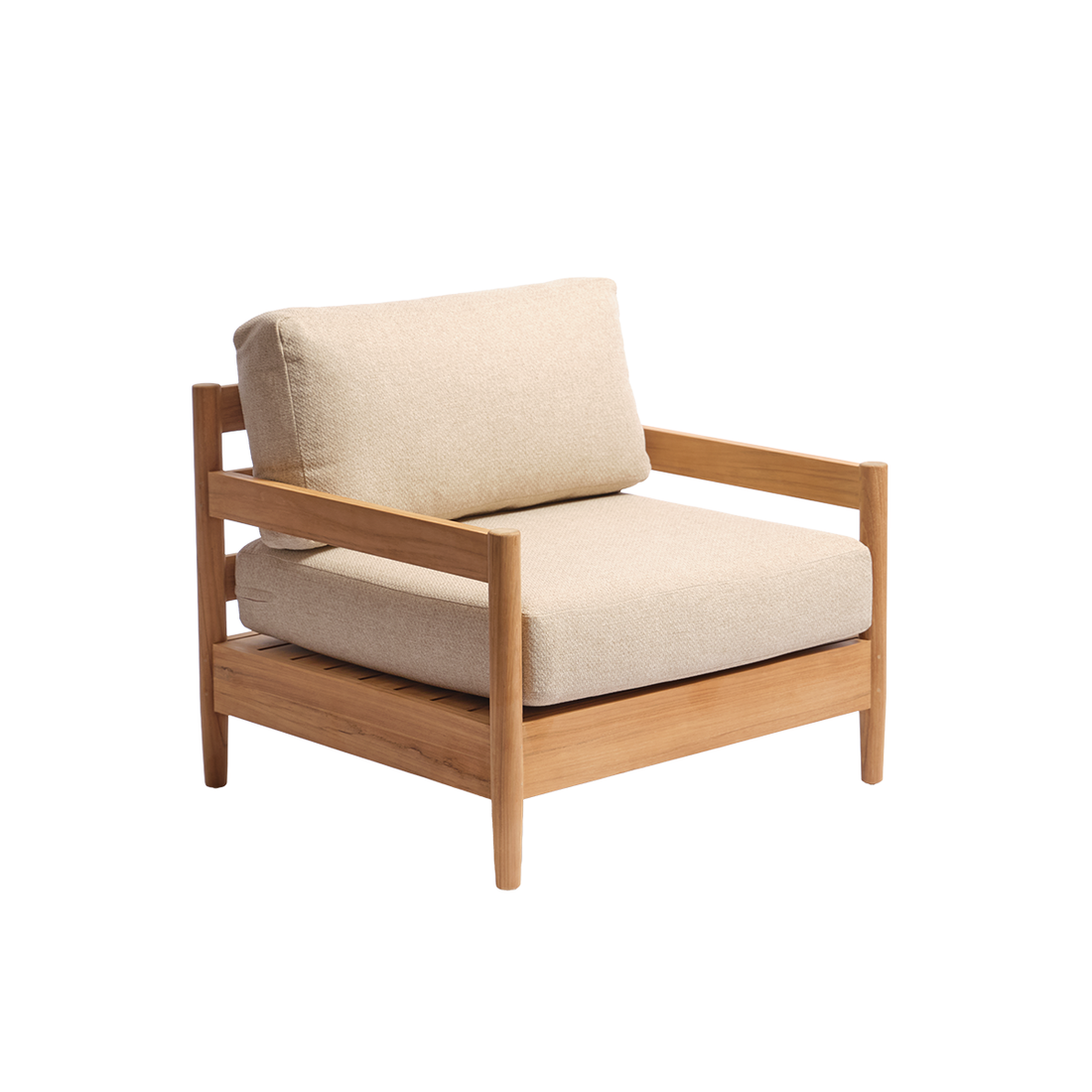 CALVI - Fauteuil de jardin bas en teck massif avec coussins beige chiné