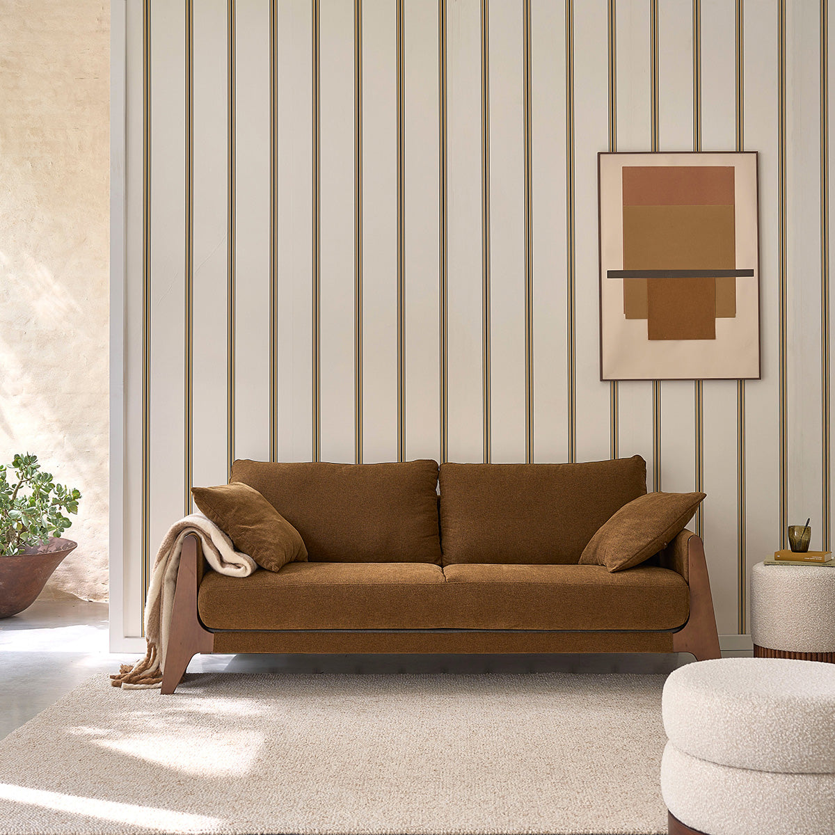 ONDINE - Canapé droit 3 places en bois massif et tissu velours bronze