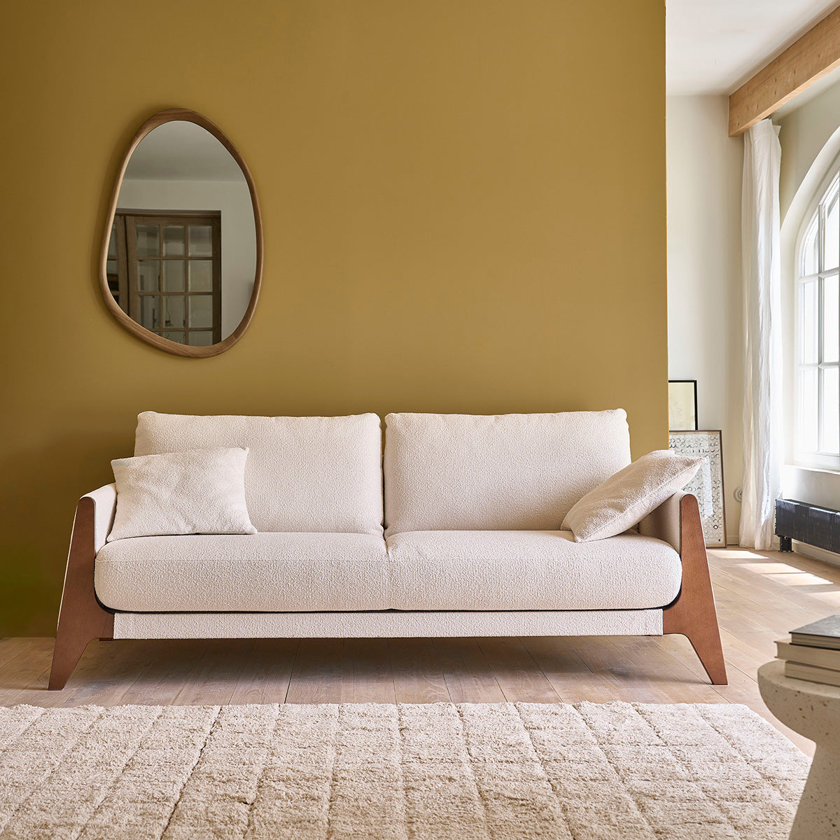 ONDINE - Canapé droit 3 places en bois massif et tissu bouclette blanc