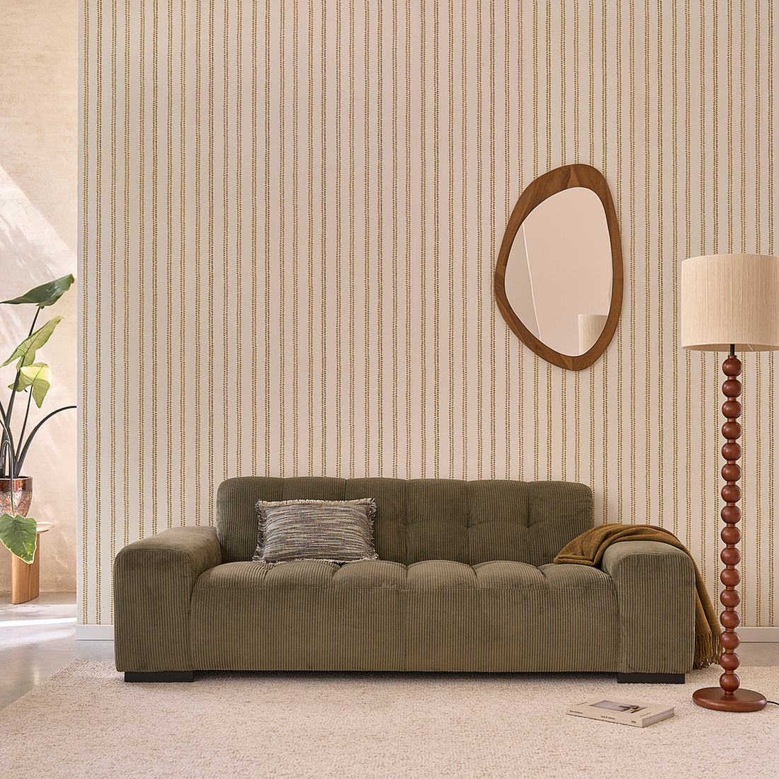 ALPHONSE - Canapé droit 3 places en velours côtelé kaki