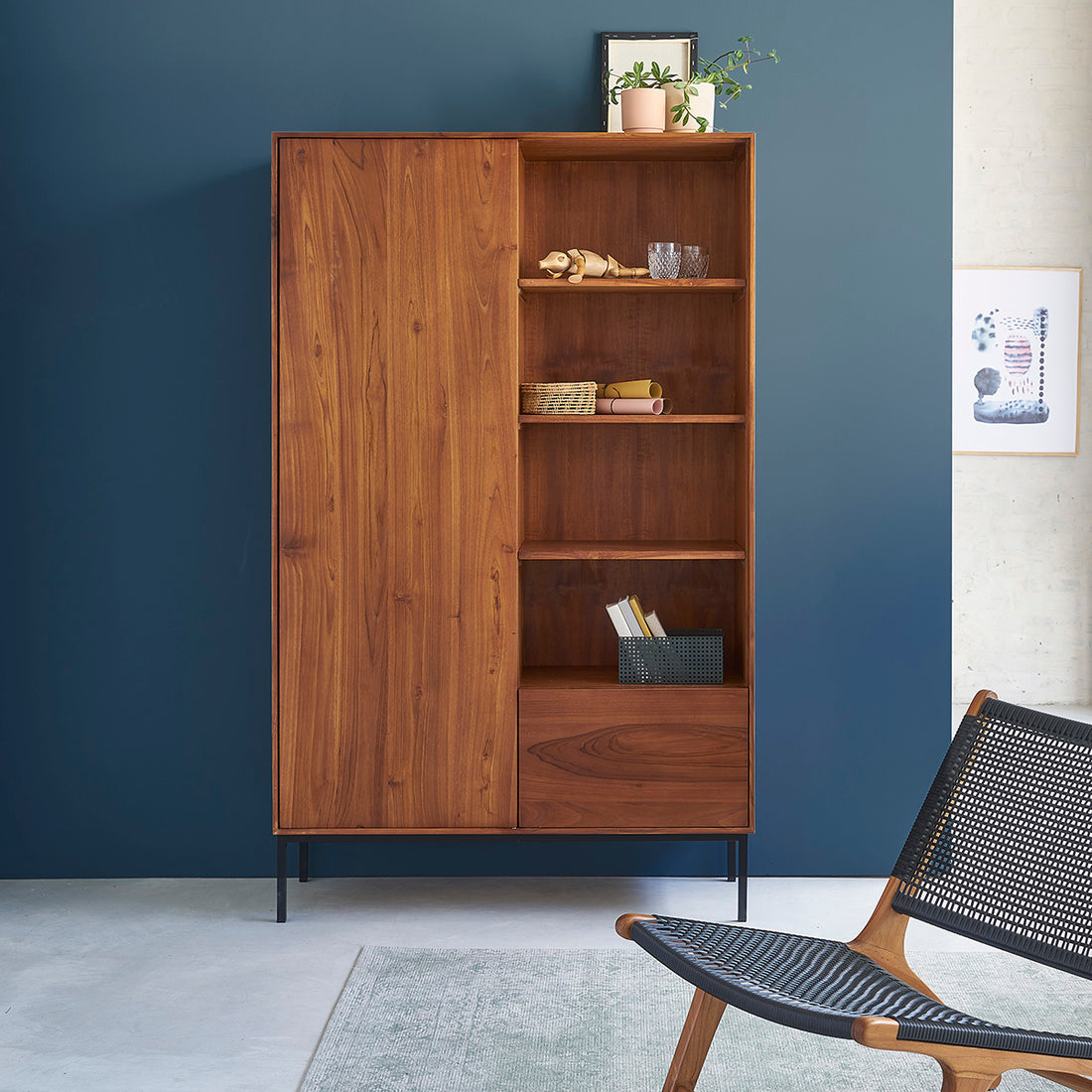 LINA - Armoire en teck massif et métal 110 cm