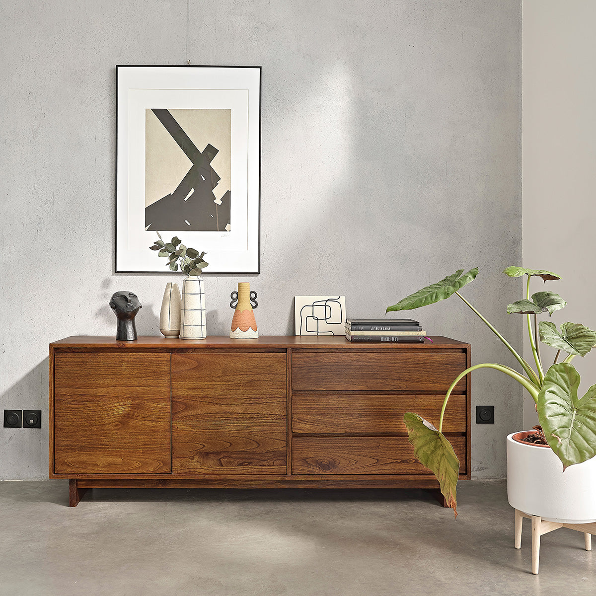 MILO - Commode en mindi massif finition noyer 180 cm