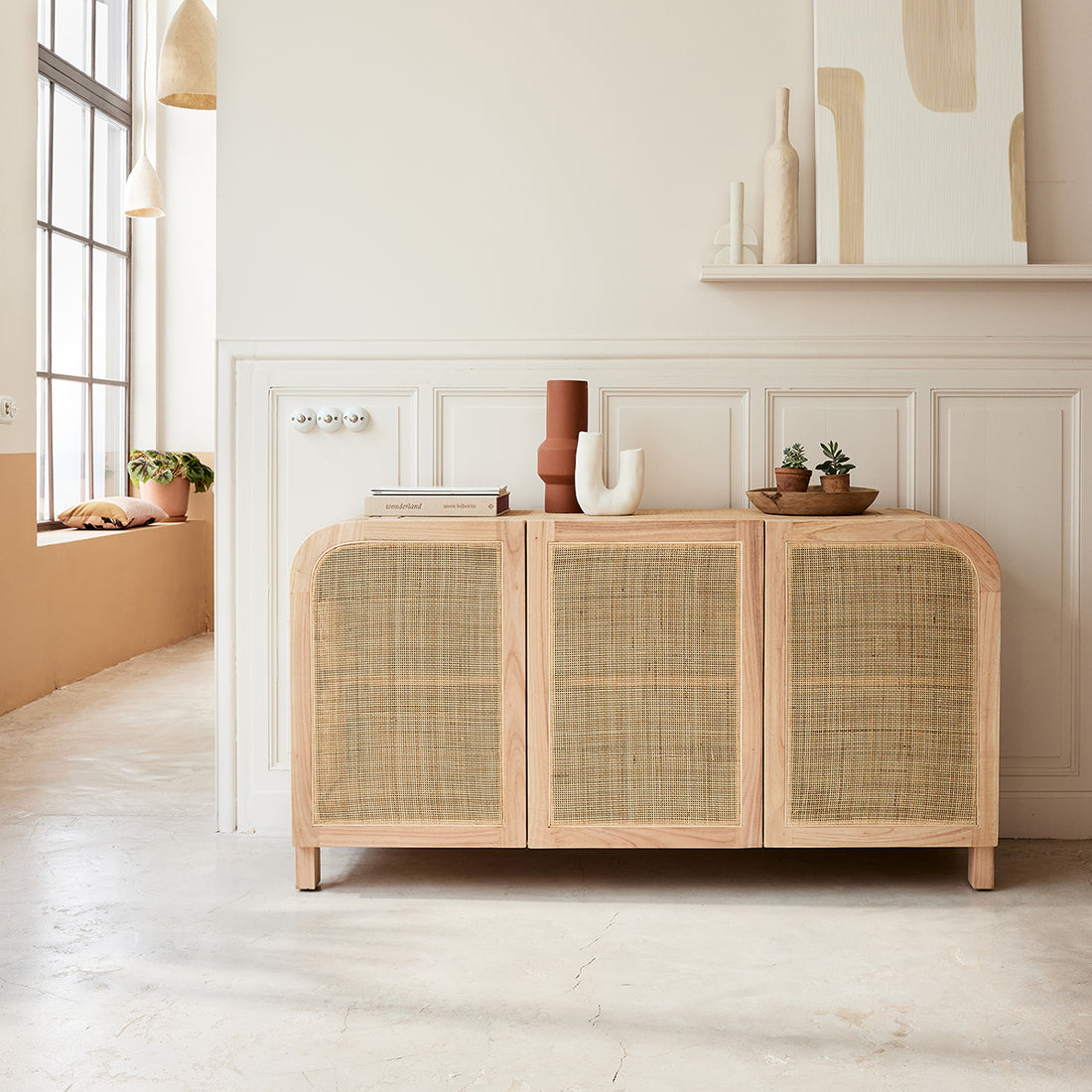 MAËL - Buffet en mindi massif et cannage 150 cm