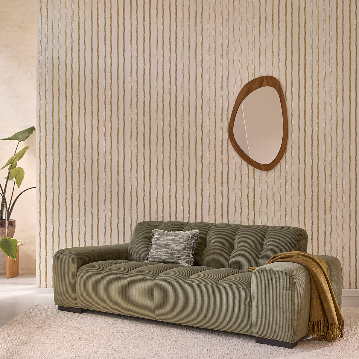 ALPHONSE - Canapé droit 3 places en velours côtelé kaki