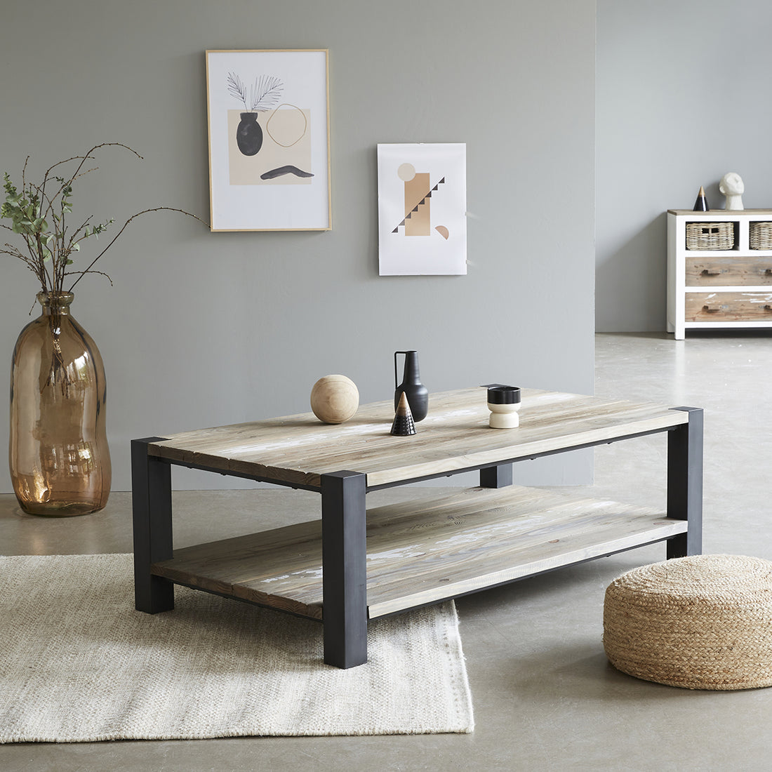 INDUS - Table basse en bois recyclé massif et métal 140 cm