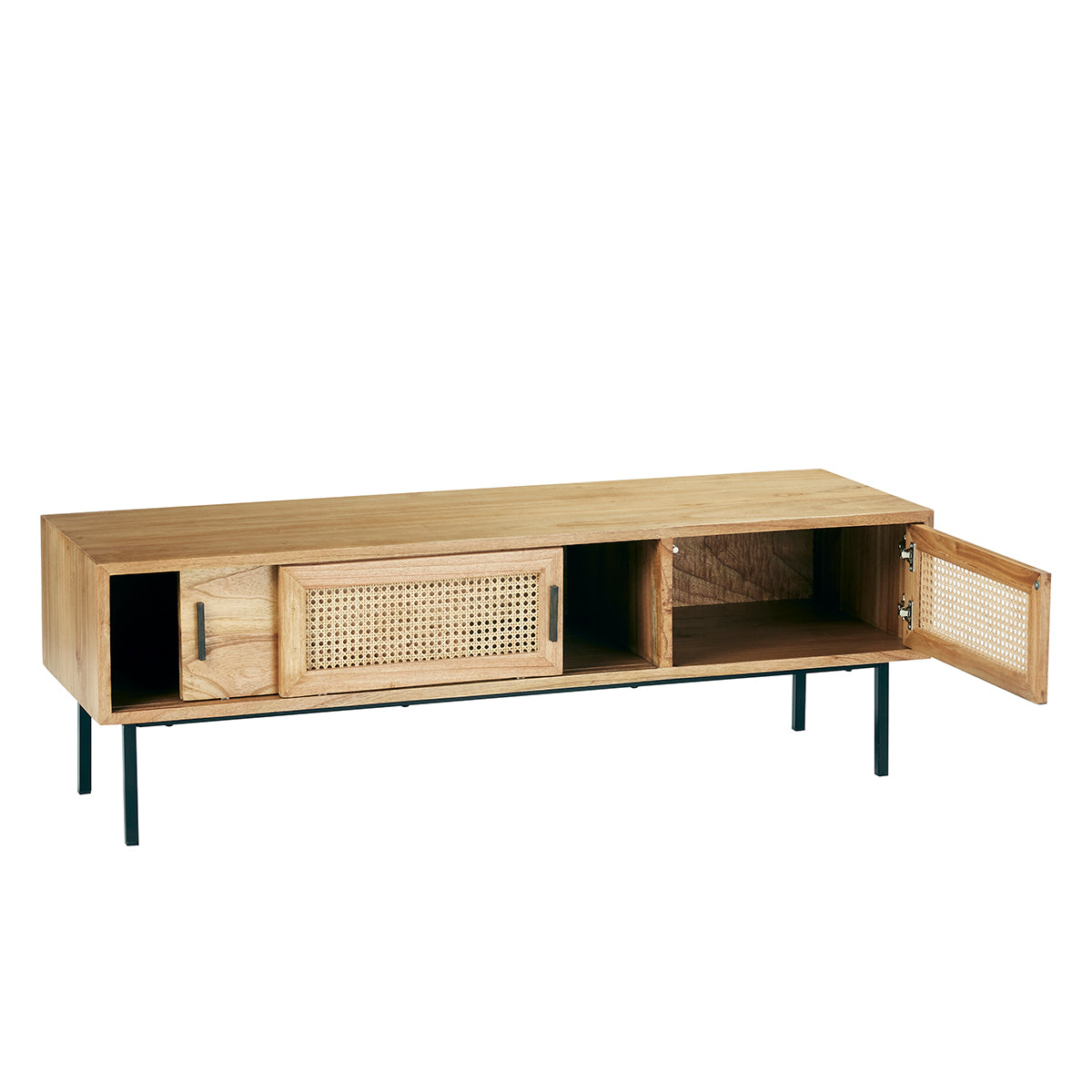 AUBIN - Meuble TV en mindi massif et cannage 140 cm