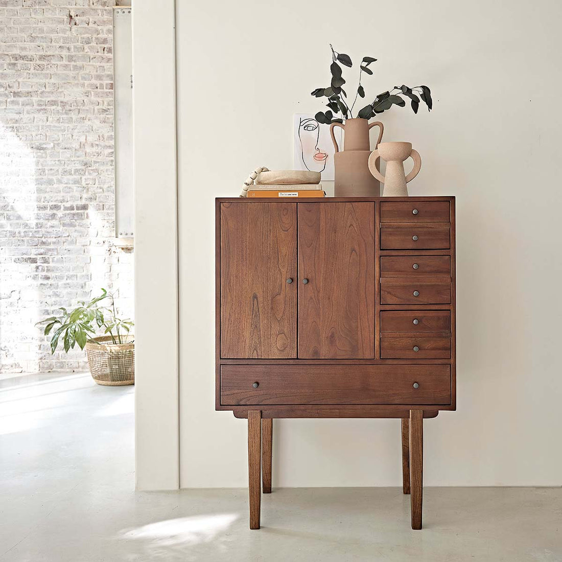 VINTAGE - Commode en mindi massif finition noyer 90 cm
