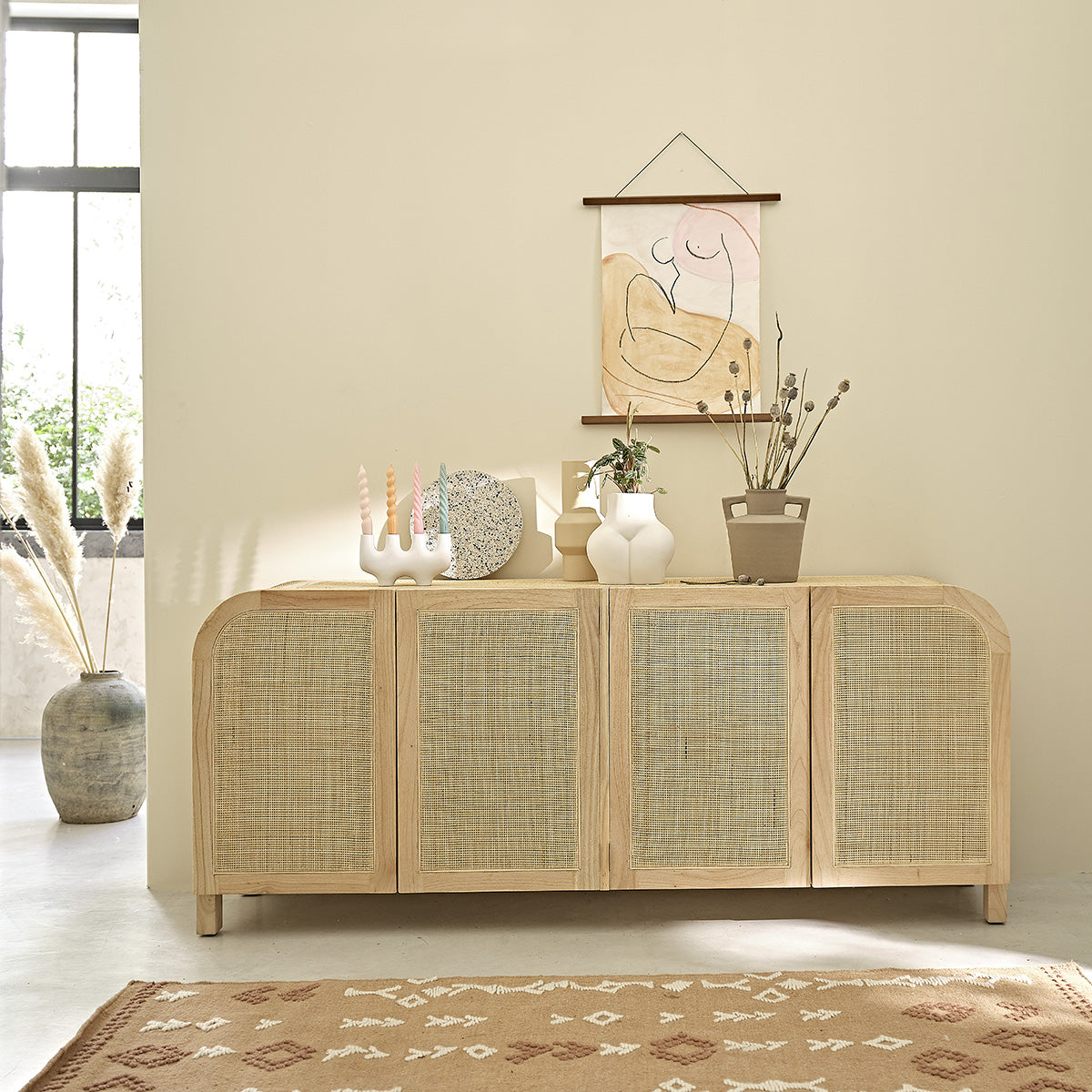 MAËL - Buffet en mindi massif et cannage 190 cm