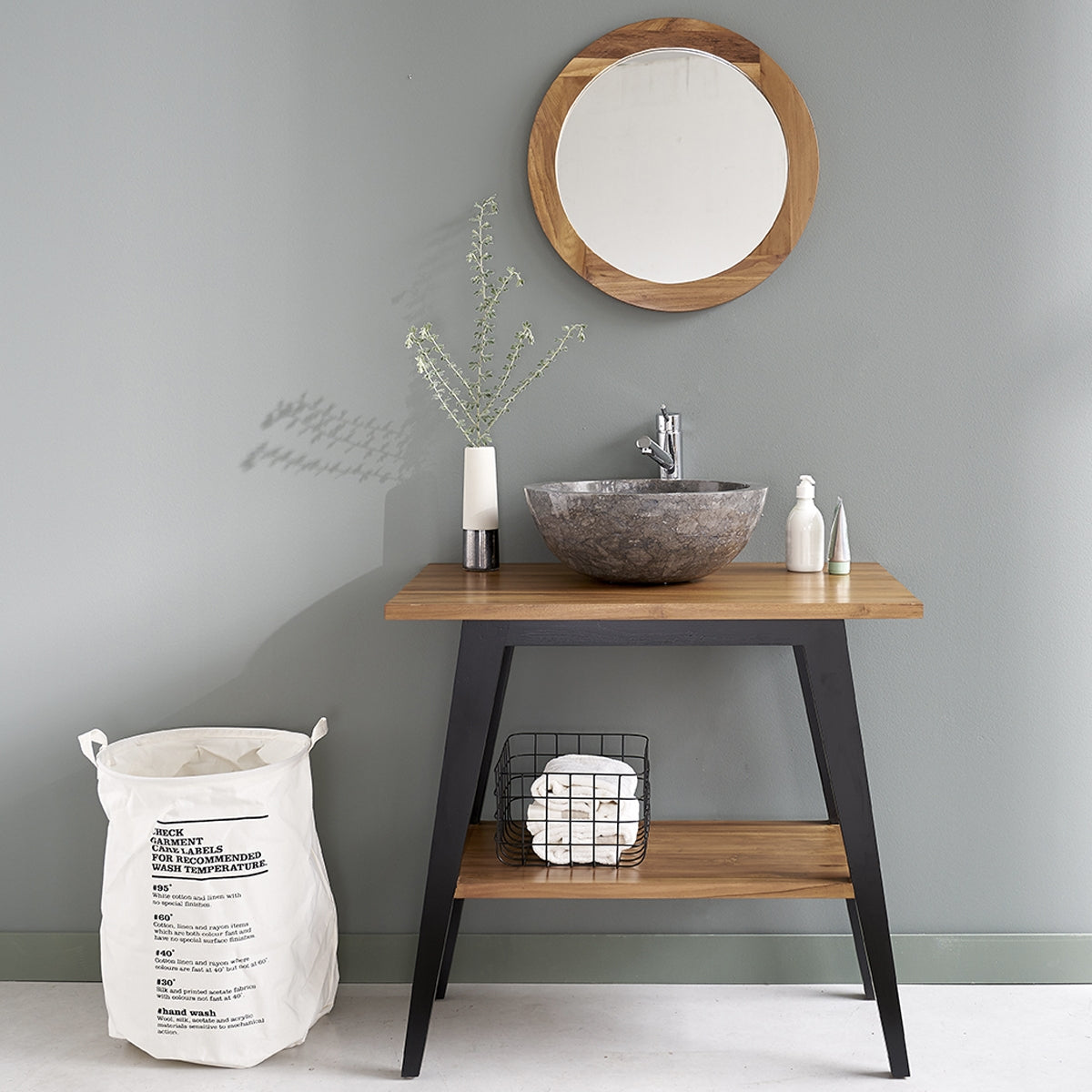 SARA - Meuble de salle de bain en teck massif pieds noirs 80 cm