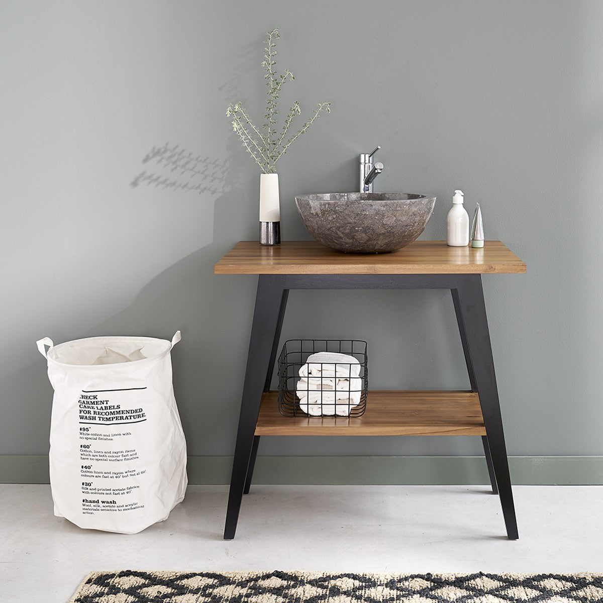 SARA - Meuble de salle de bain en teck massif pieds noirs 80 cm