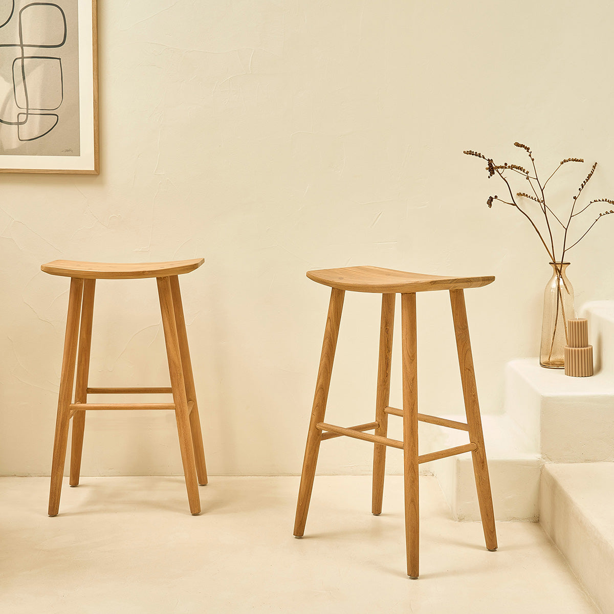 AMBRE - Lot de 2 tabourets de bar en teck massif 75 cm