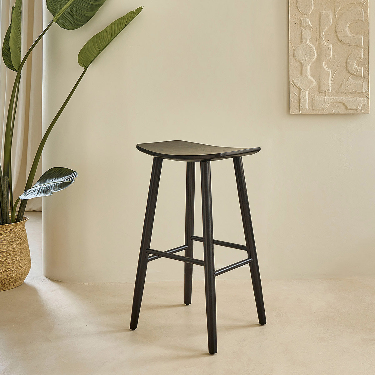 AMBRE - Lot de 2 tabourets de bar en teck massif noir 75 cm