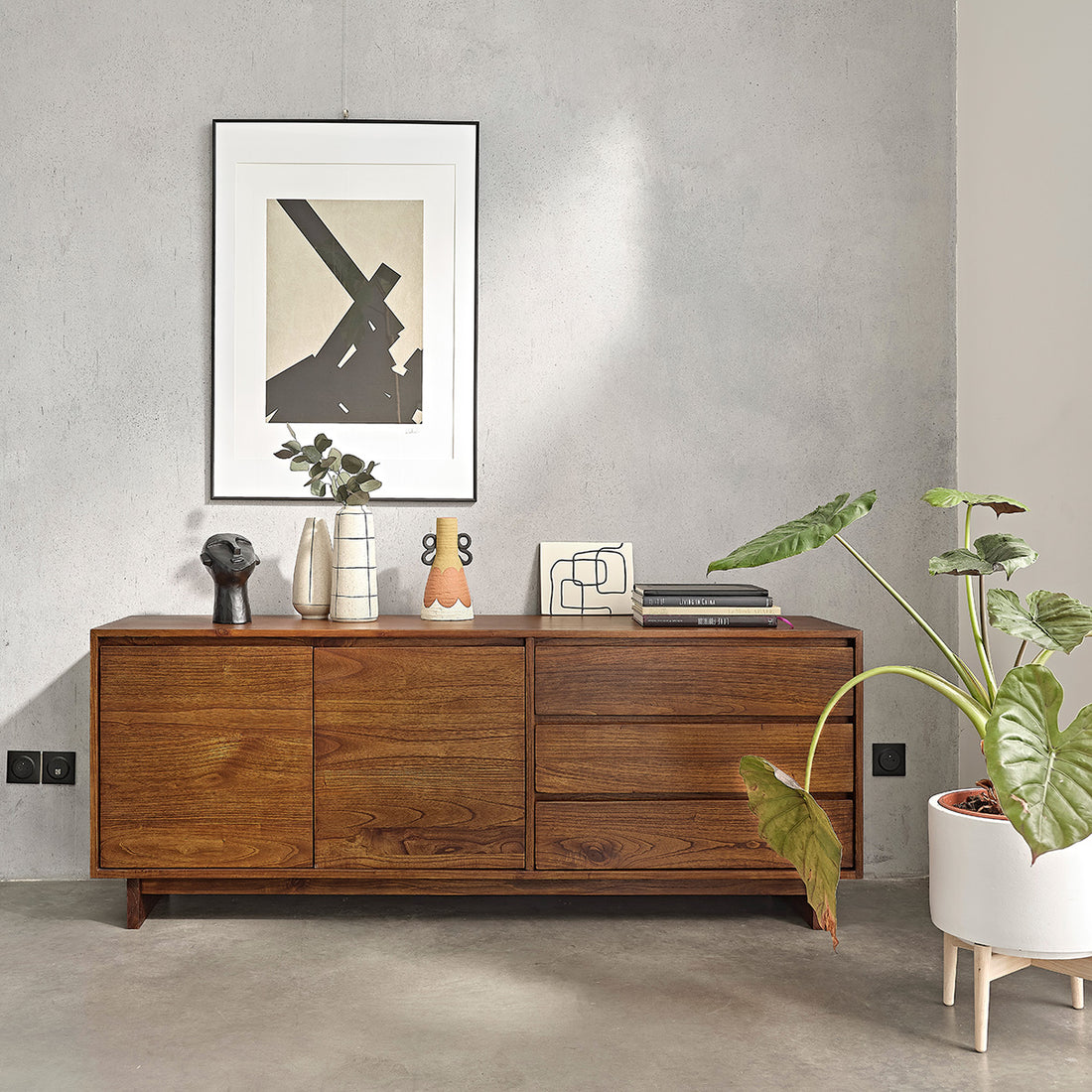 MILO - Commode en mindi massif finition noyer 180 cm