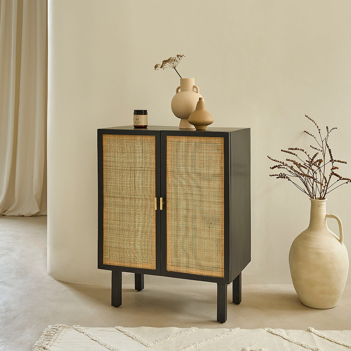 BLAISE - Buffet en manguier massif noir et cannage 68 cm