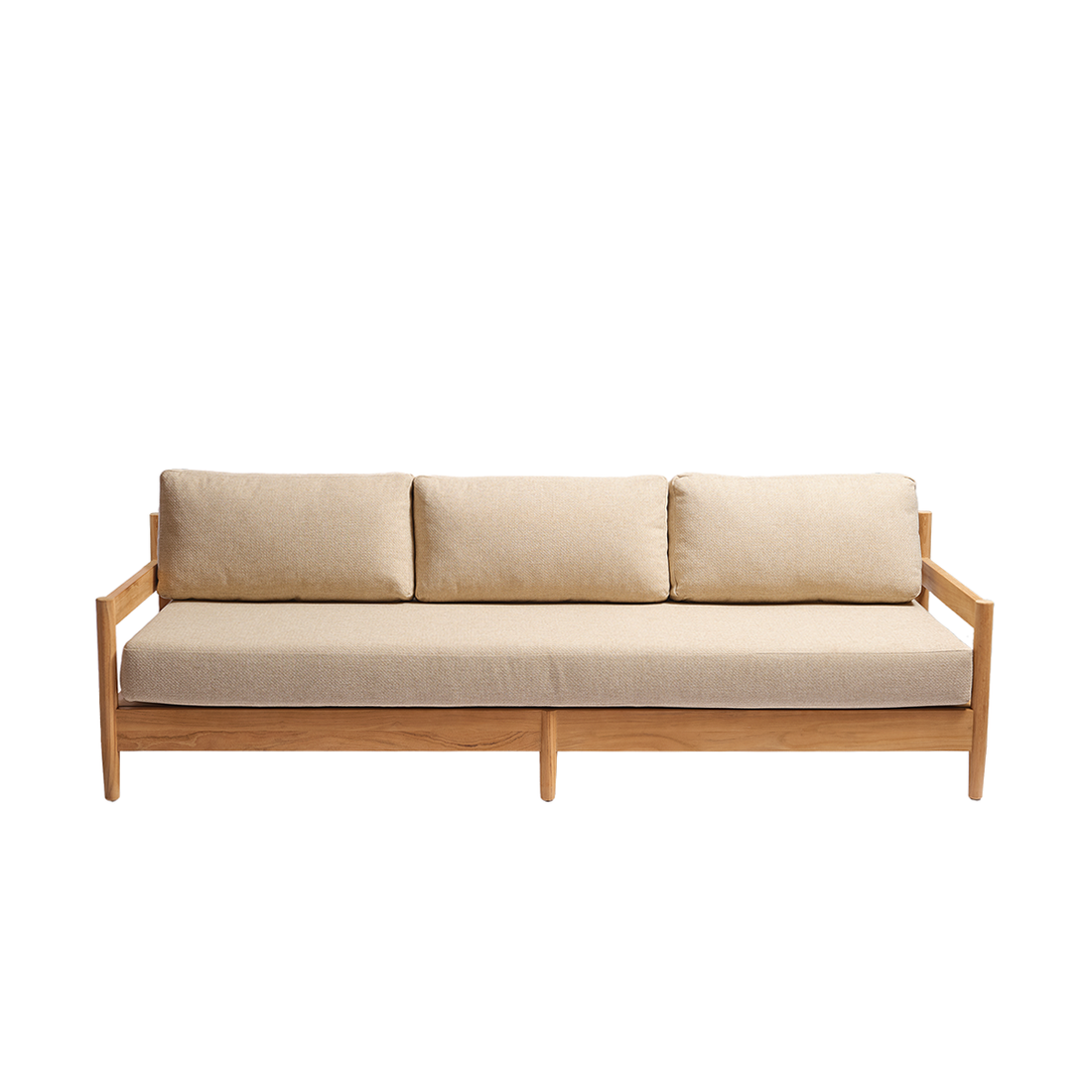 CALVI - Canapé de jardin bas en teck massif avec coussins beige chiné 4 pers.