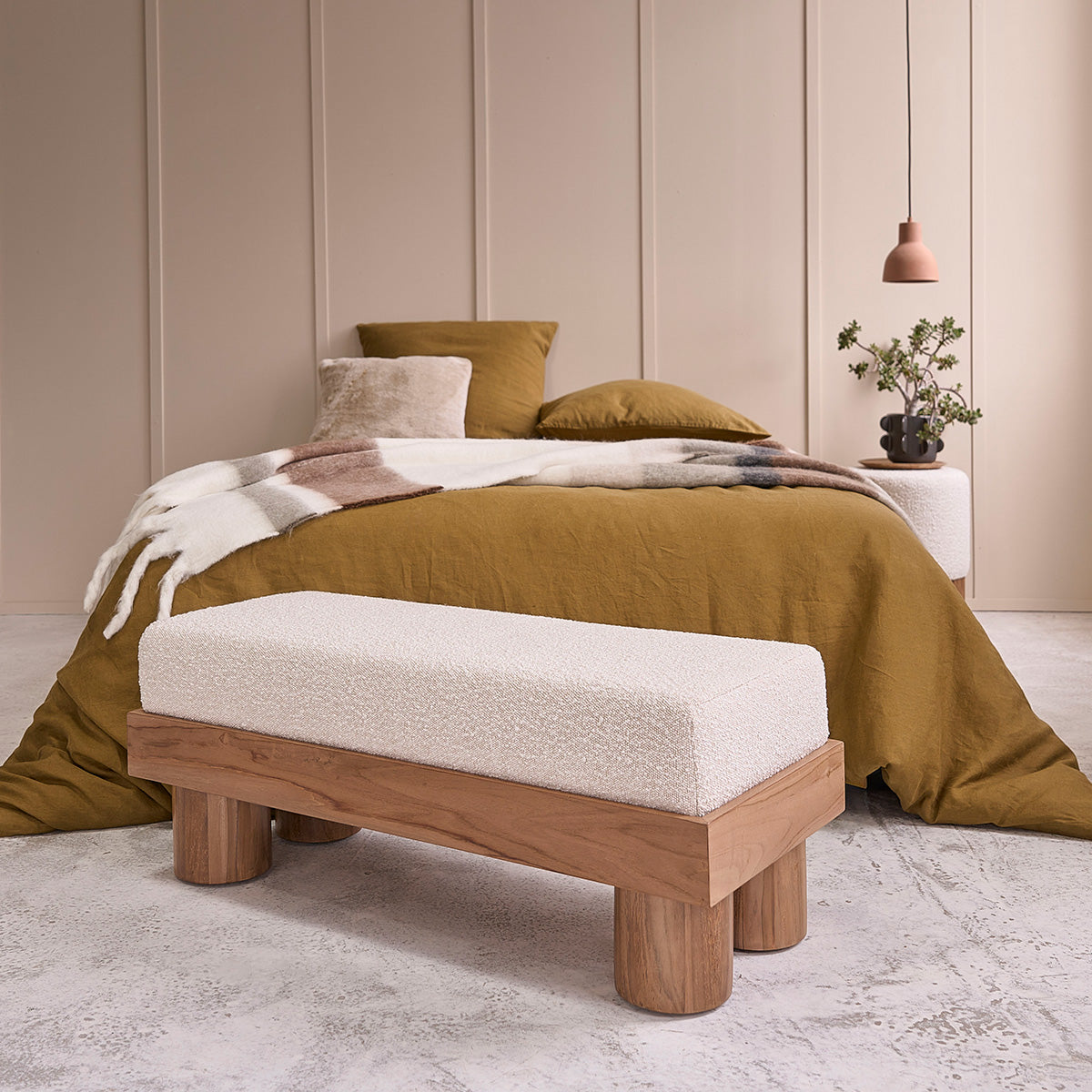 THÉODORE - Banc en teck massif et tissu bouclette 100 cm