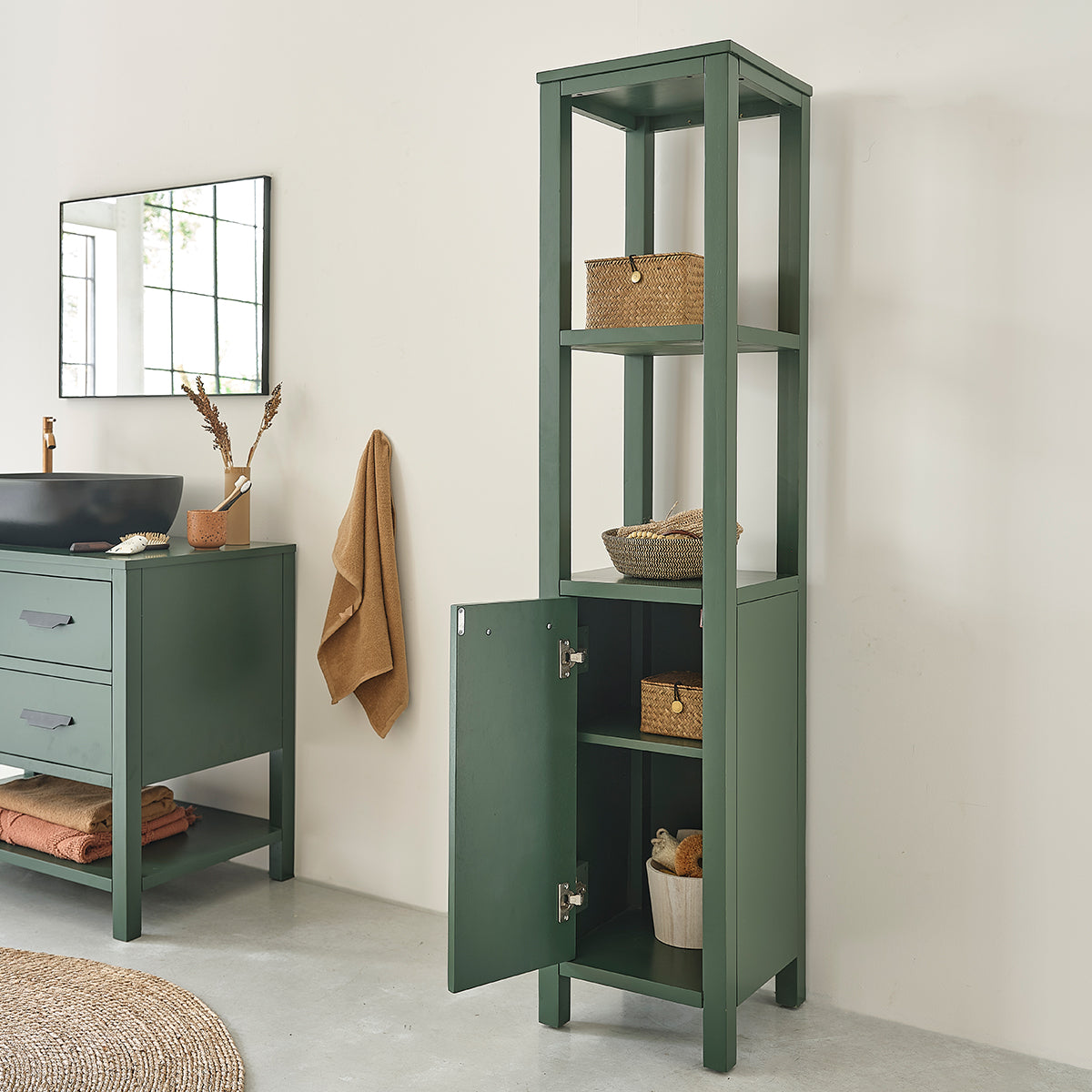 OLIVIA - Colonne de salle de bain verte en bois d'acacia 160