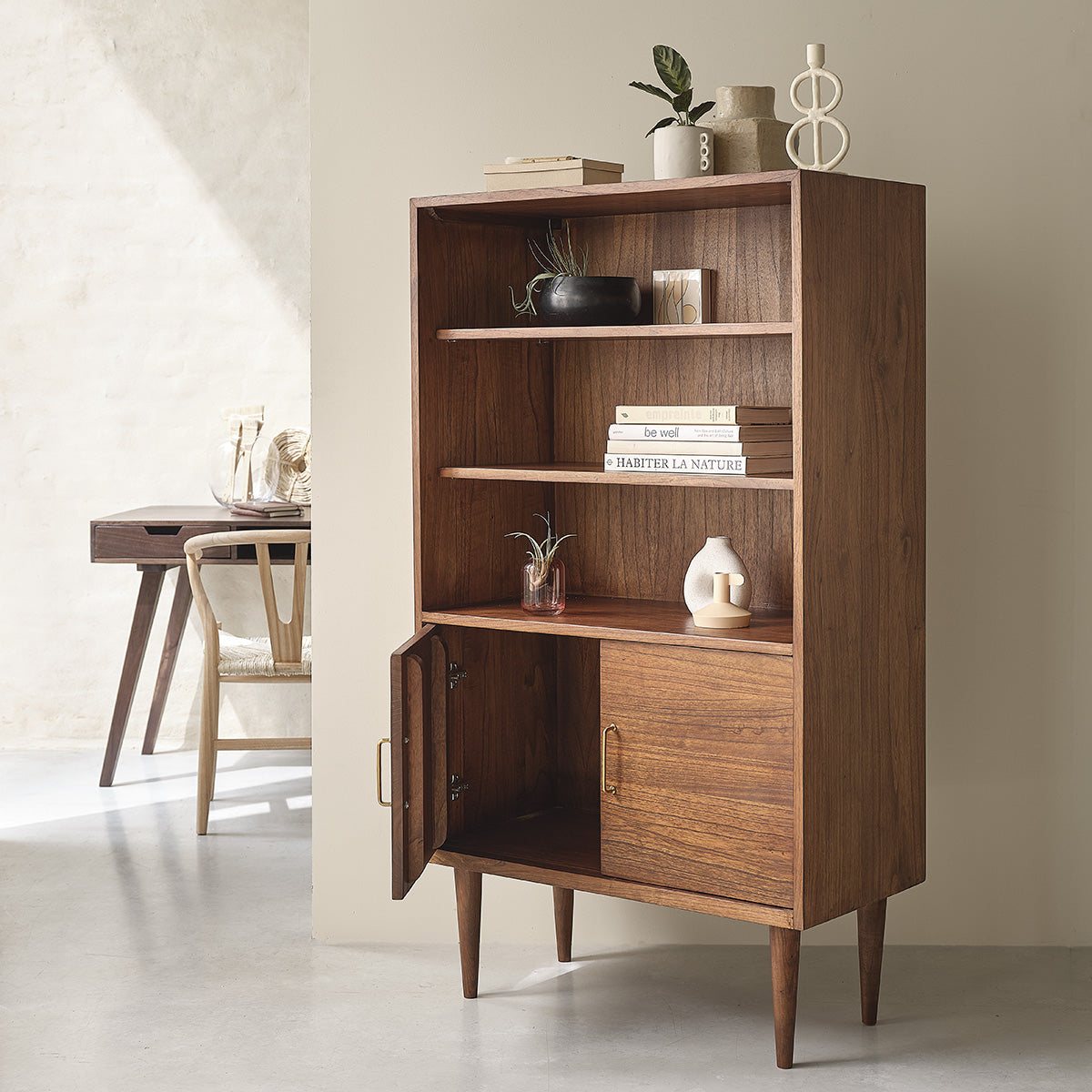 VINTAGE - Bibliothèque en mindi massif finition noyer 85 cm