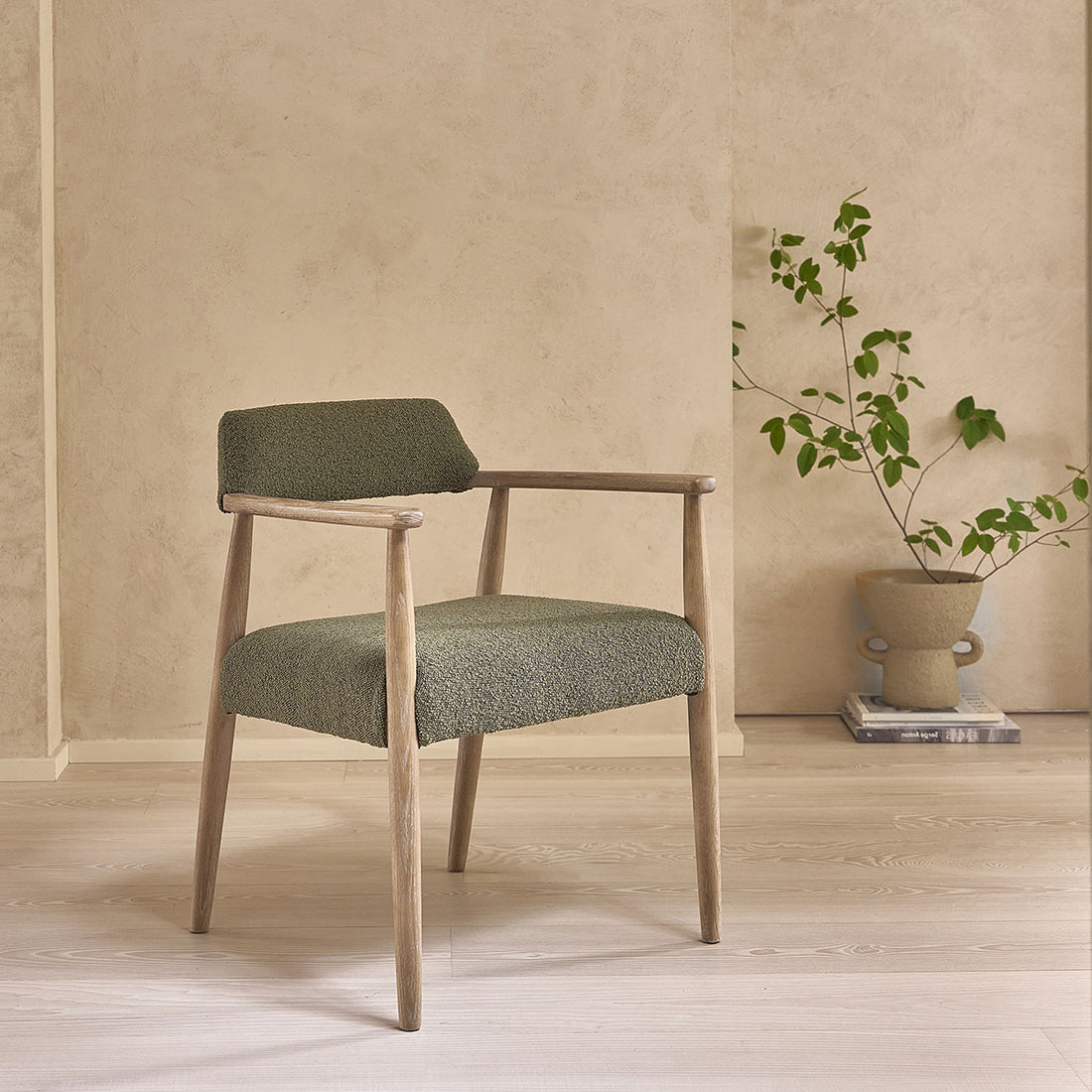 LUISA - Chaise en chêne et tissu bouclette kaki
