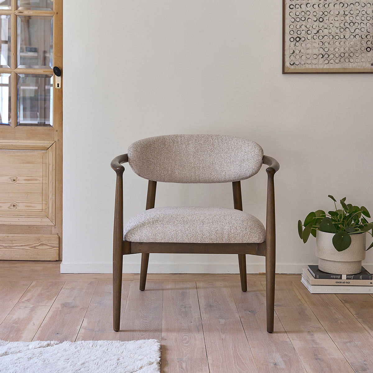 CÔME - Fauteuil en bois massif et tissu texturé beige chiné