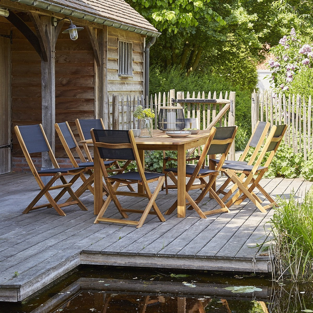 HANOÏ - Chaise de jardin en acacia massif et textilène noir pliante (lot de 2)