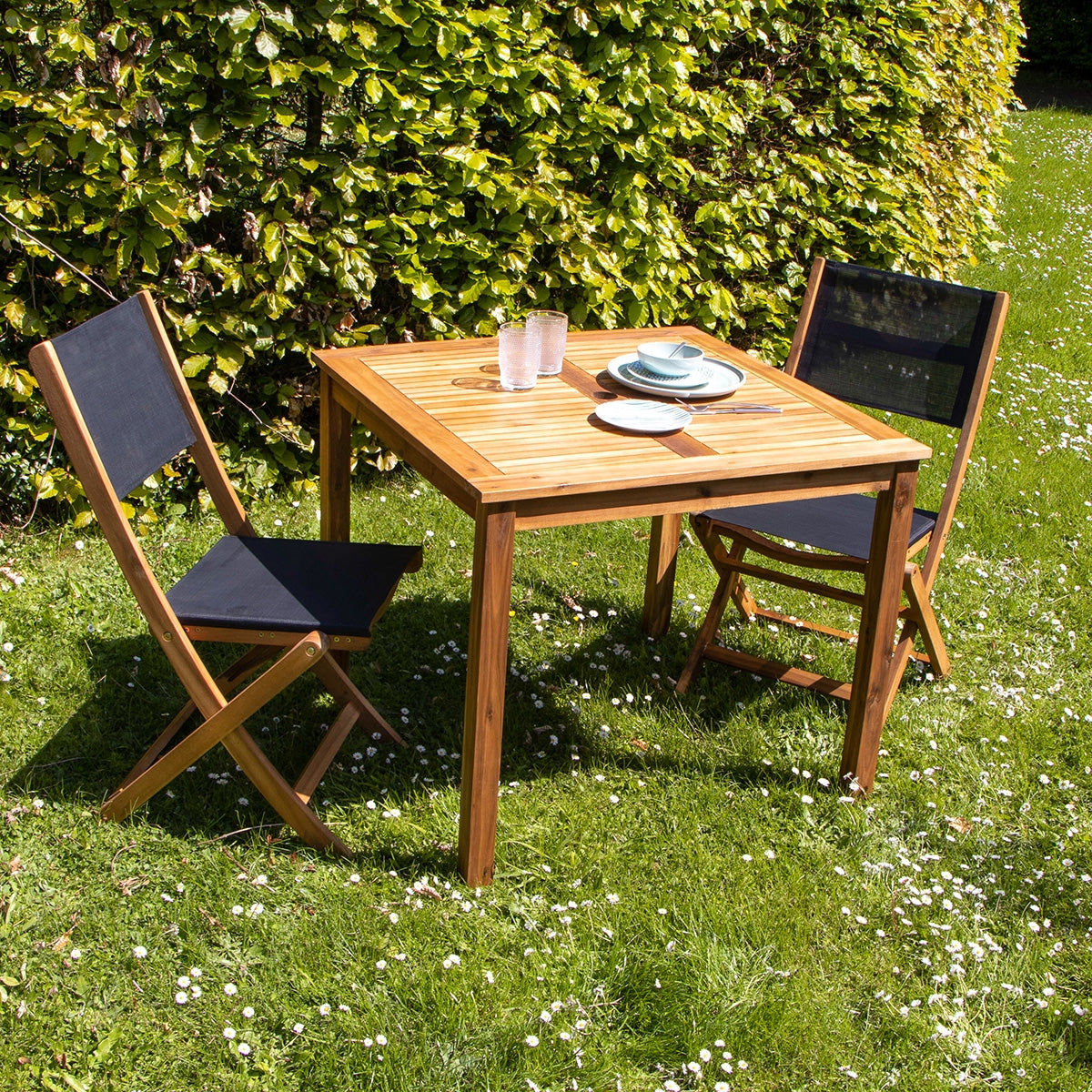 HANOÏ - Salon de jardin en acacia massif FSC® et textilène noir 2 pers.
