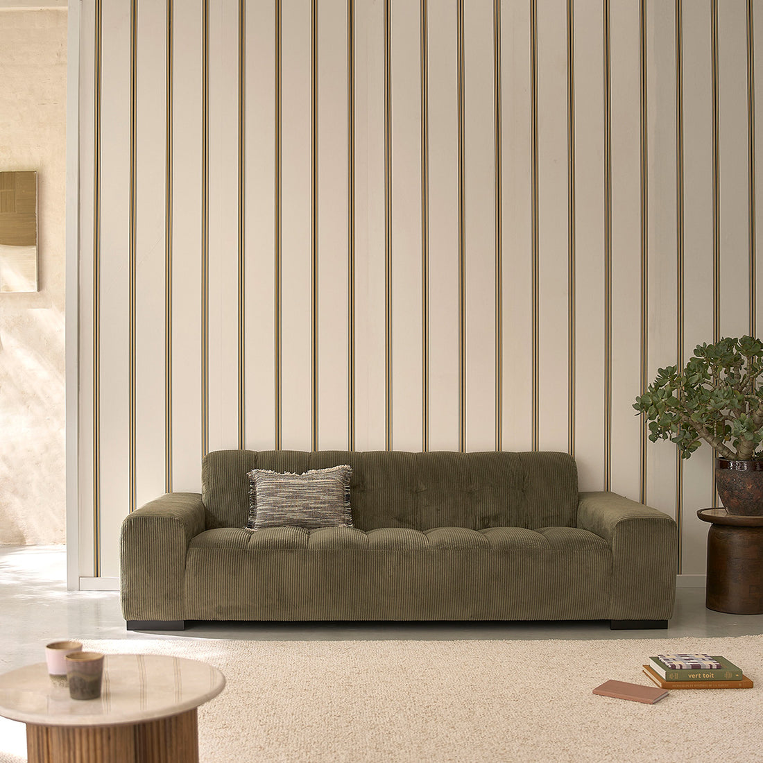 ALPHONSE - Canapé droit 4 places en velours côtelé kaki