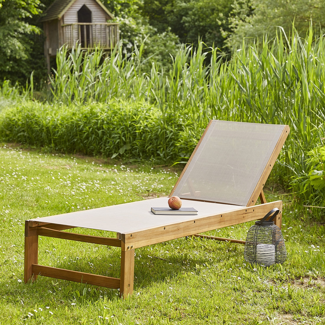 HANOÏ - Bain de soleil en acacia massif et textilène gris