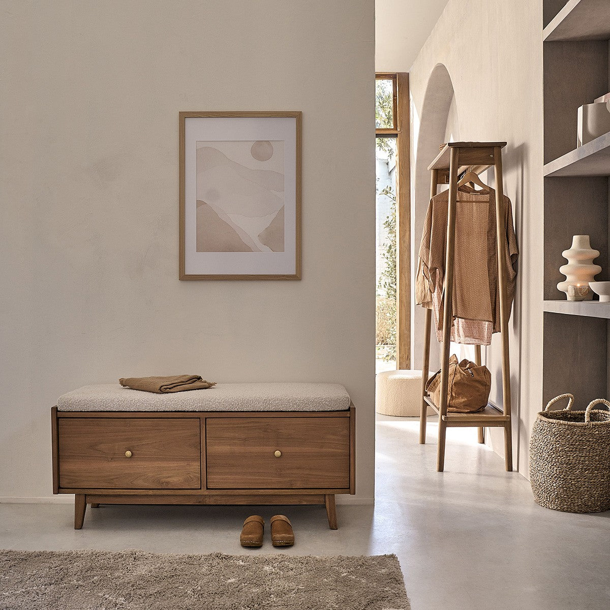 SERENE - Banc en teck massif et tissu bouclette 120 cm