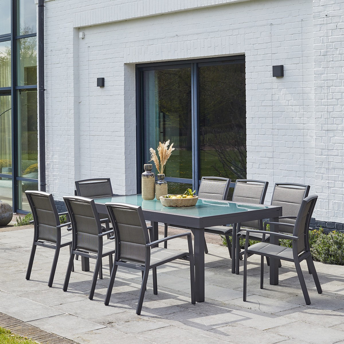 MODULO - Salon de jardin en aluminium gris extensible 8/12 pers.