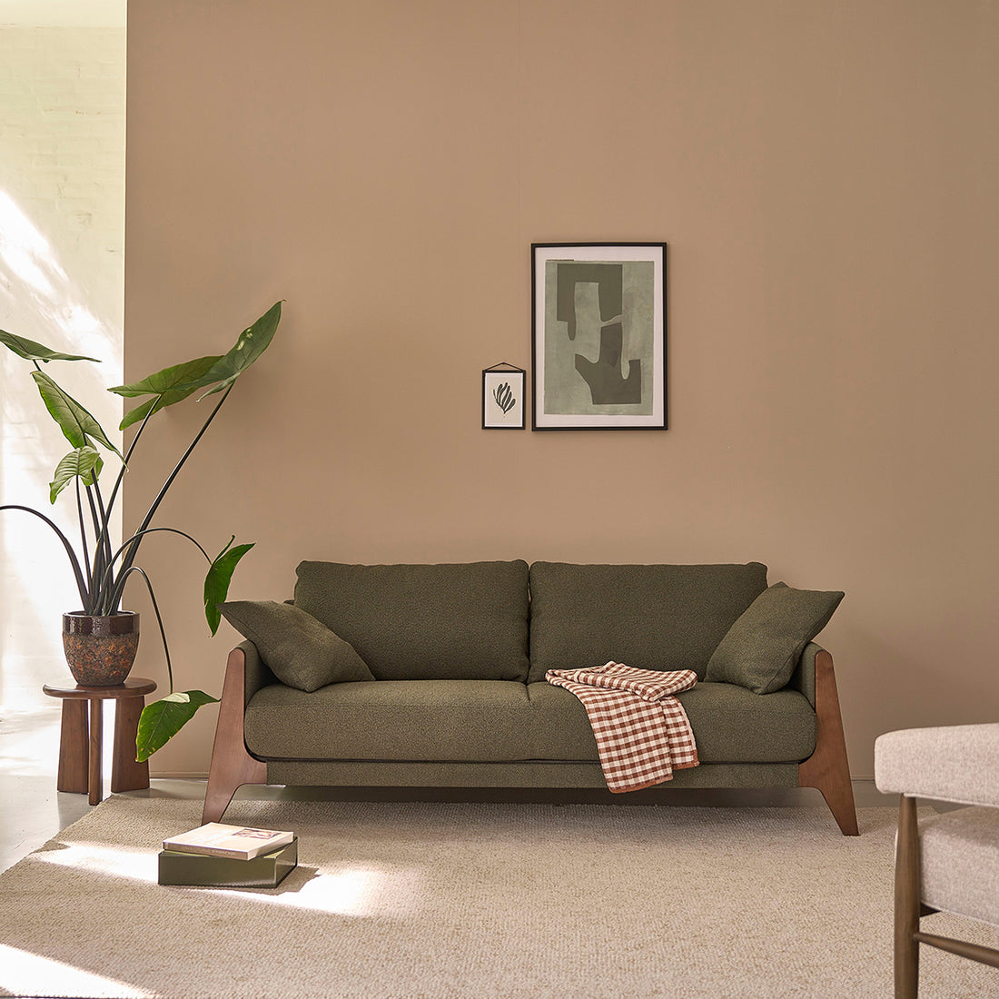 ONDINE - Canapé droit 3 places en bois massif et tissu bouclette kaki