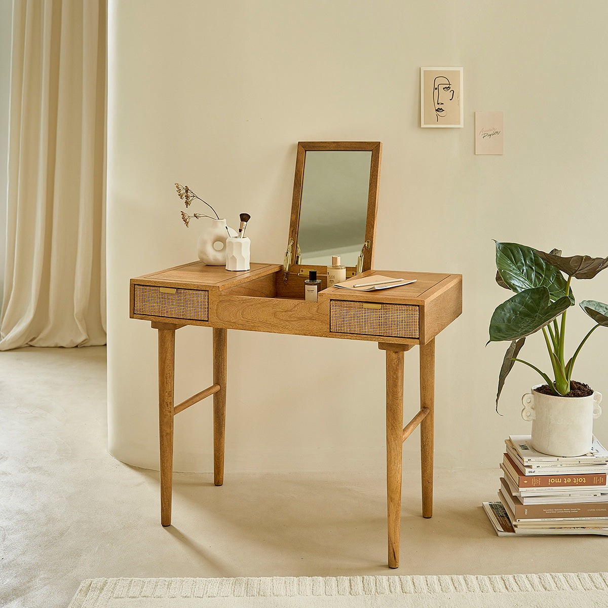 FELICIE - Bureau en manguier massif et cannage 90 cm