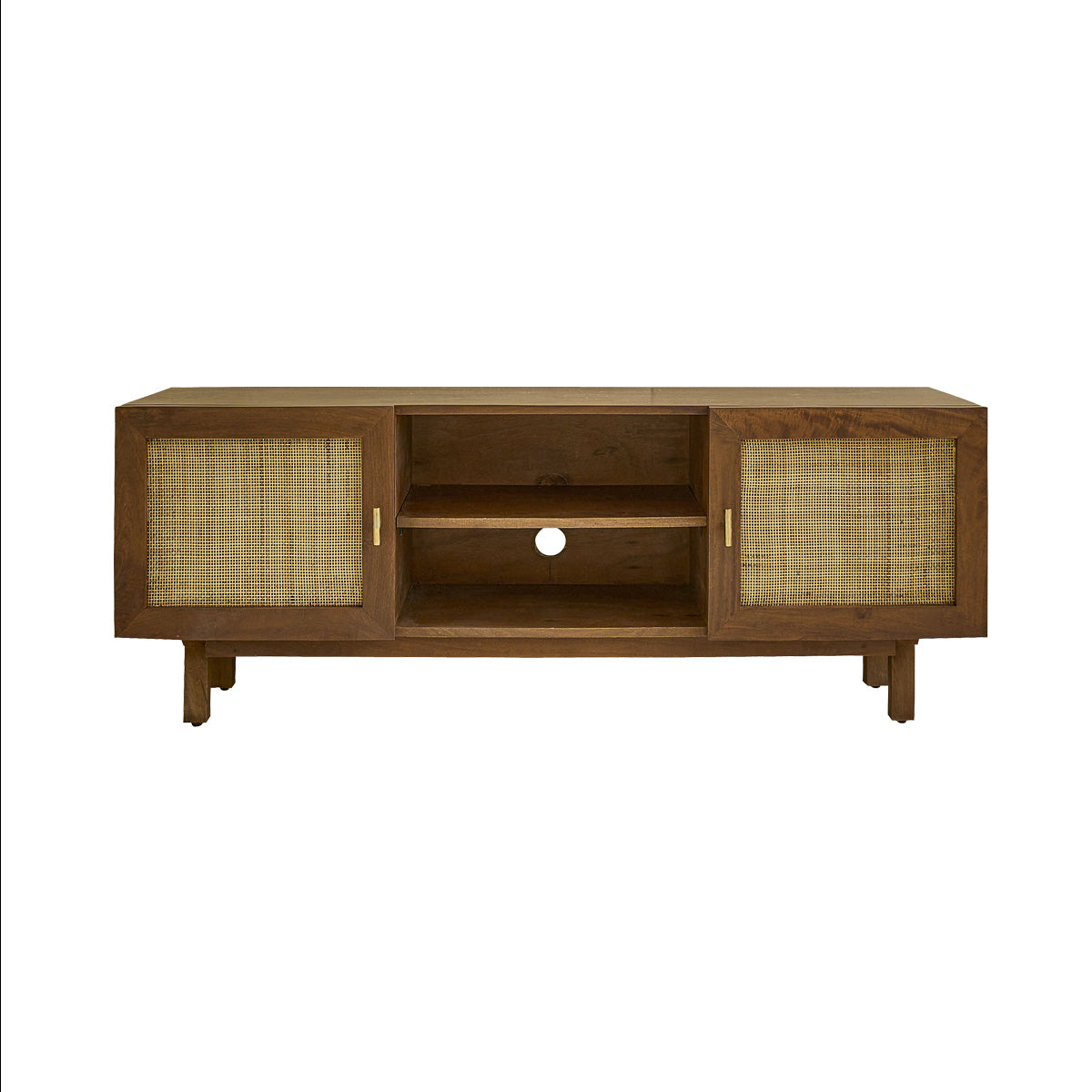 RAPHAEL - Meuble TV en manguier massif finition noyer et cannage 140 cm