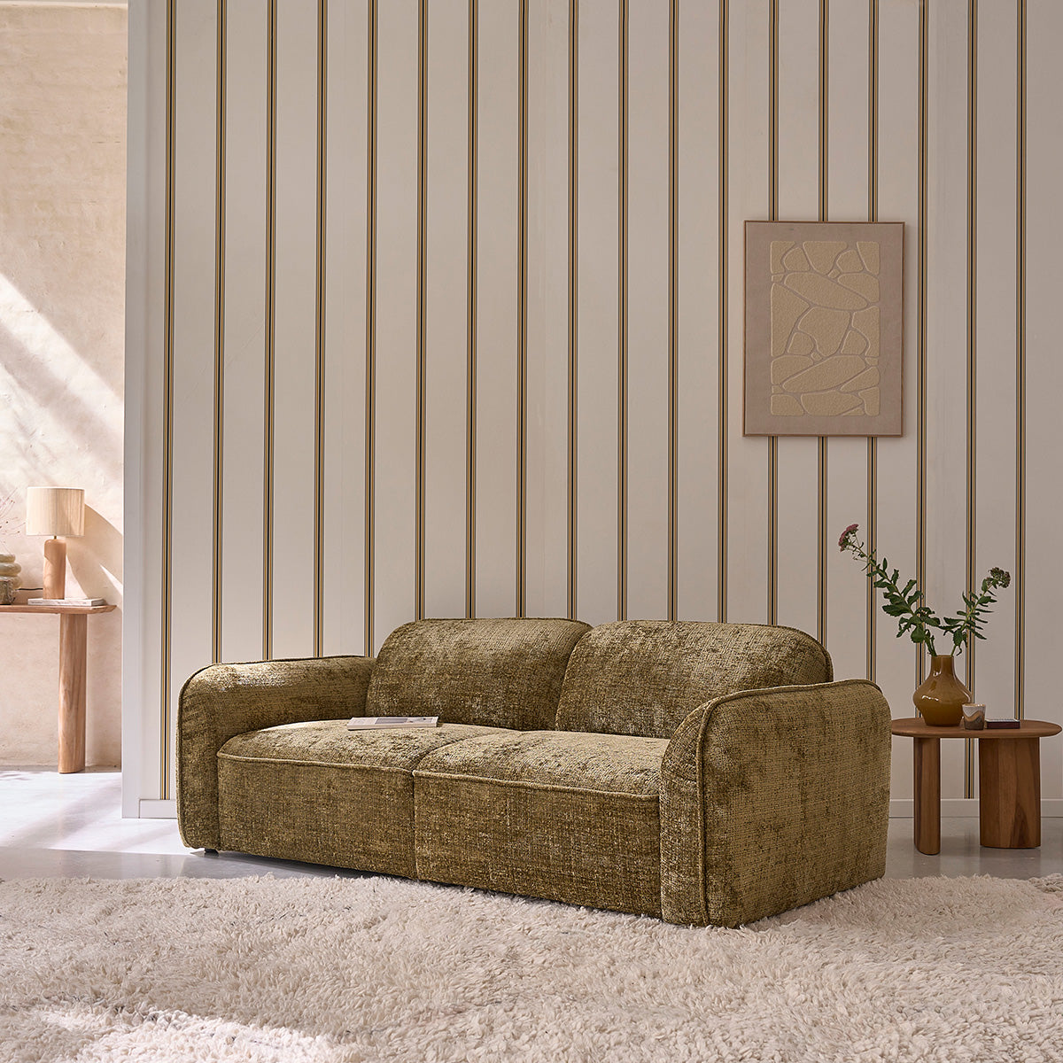 HECTOR - Canapé droit 3 places en velours texturé vert