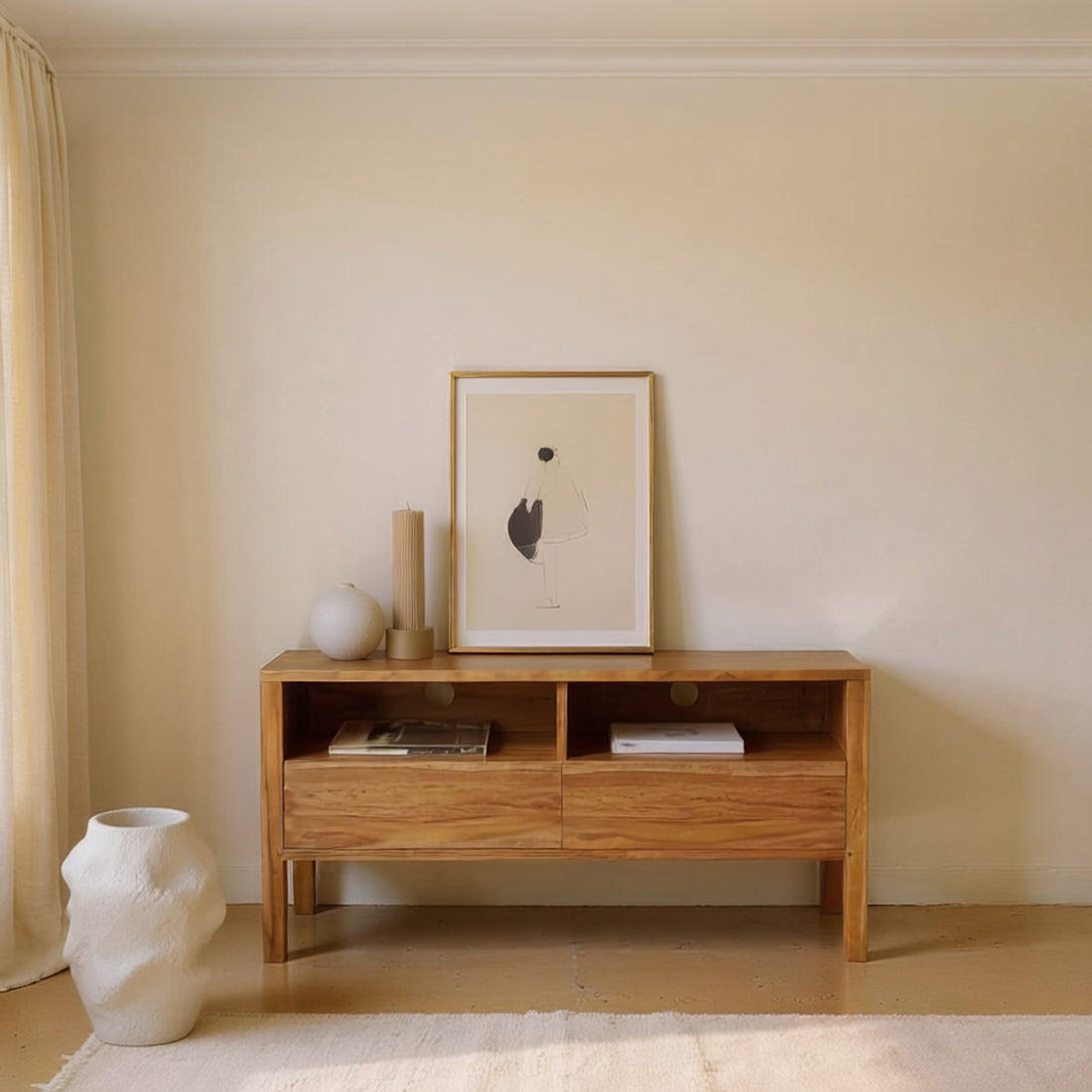 NIDO - Meuble TV en teck massif 2 tiroirs 100 cm