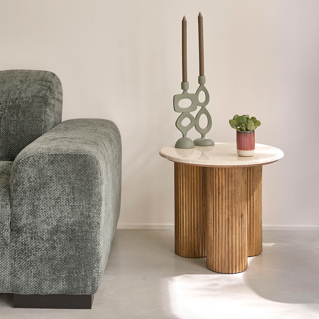 TOSCANE - Table d'appoint en bois de manguier et marbre ronde