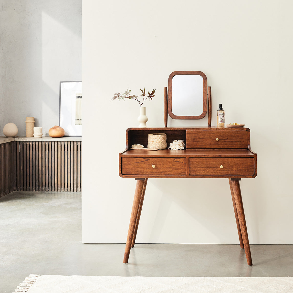 VINTAGE - Bureau en mindi massif finition noyer 90 cm
