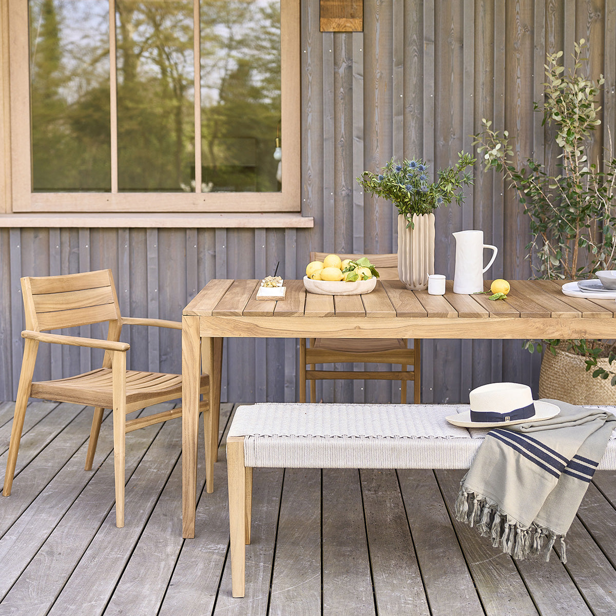 LIVIE - Banc de jardin en teck massif et cordage beige