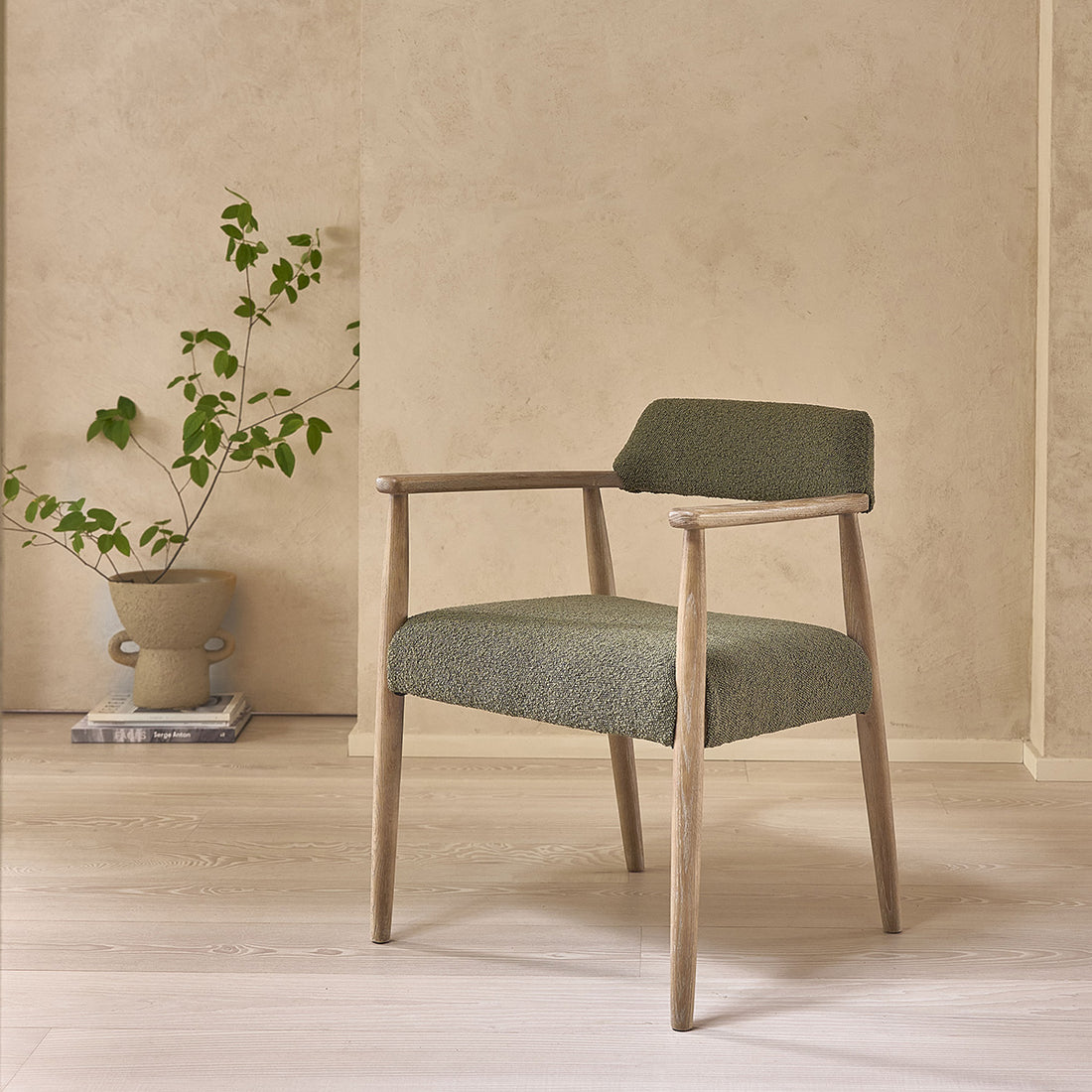 LUISA - Chaise en chêne et tissu bouclette kaki