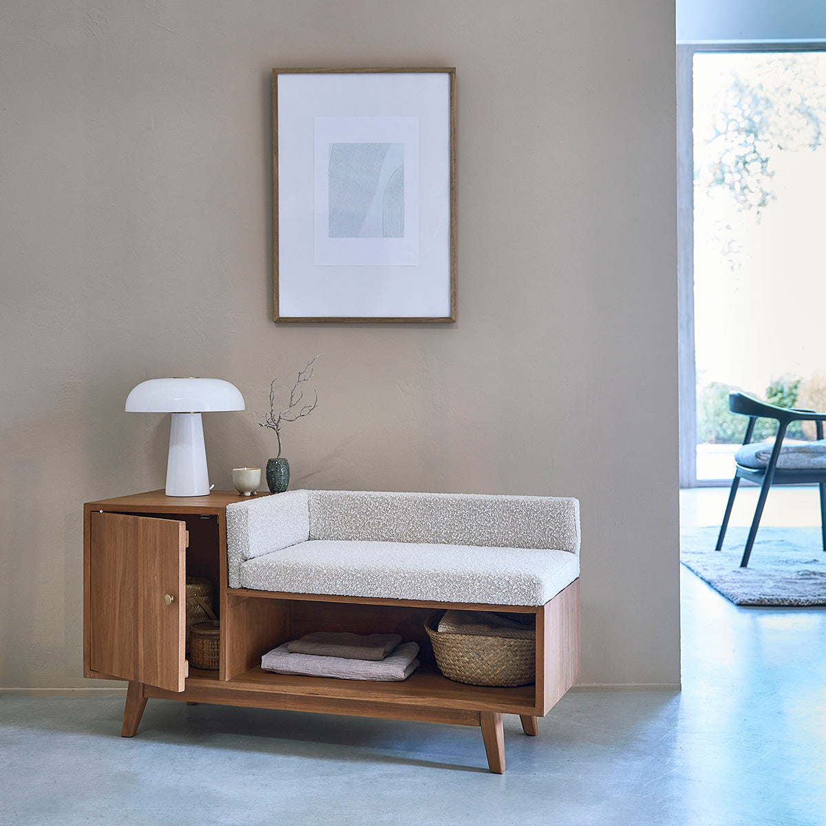 SERENE - Banc en teck massif et tissu bouclette 120 cm