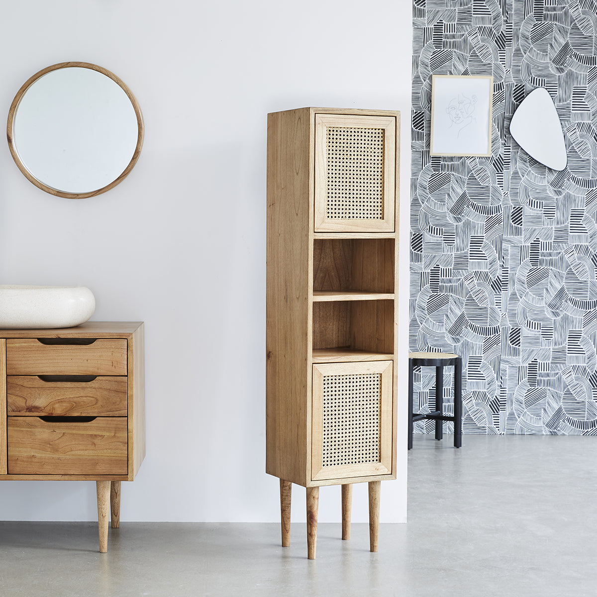 HANA - Colonne de salle de bain en mindi massif et cannage 150 cm