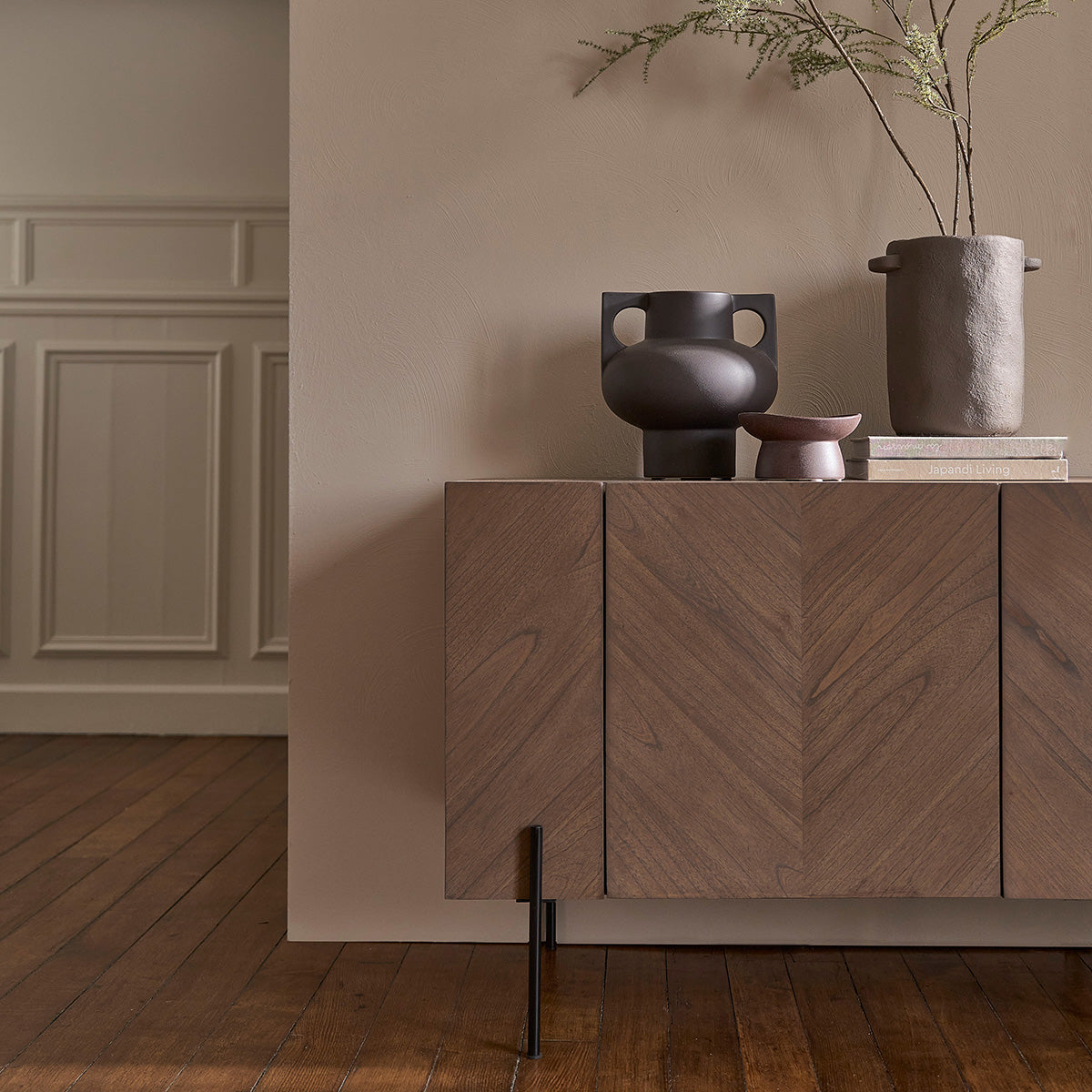 CALIX - Buffet en mindi massif et métal finition noyer 200 cm