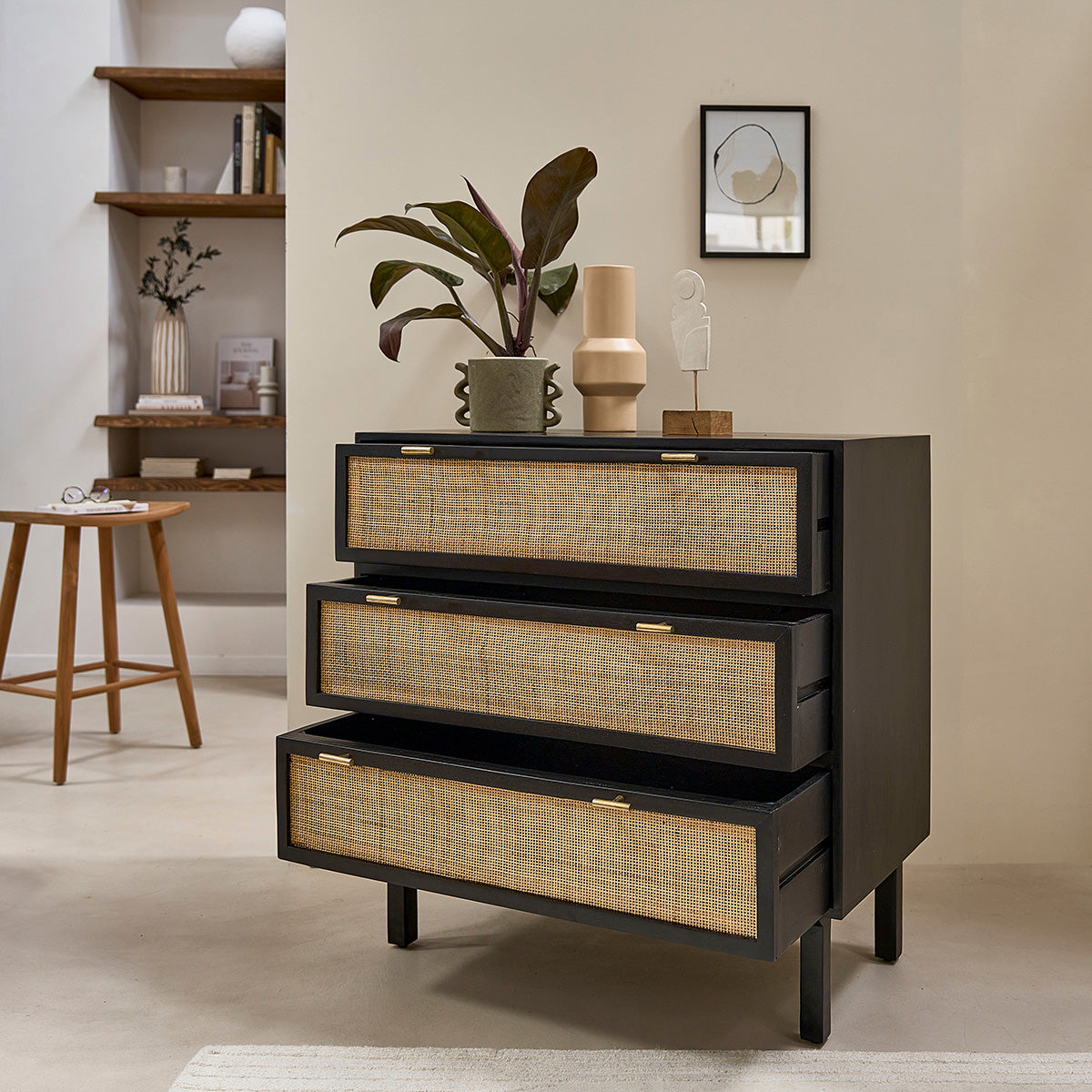 BLAISE - Commode en manguier massif et cannage noire 90 cm
