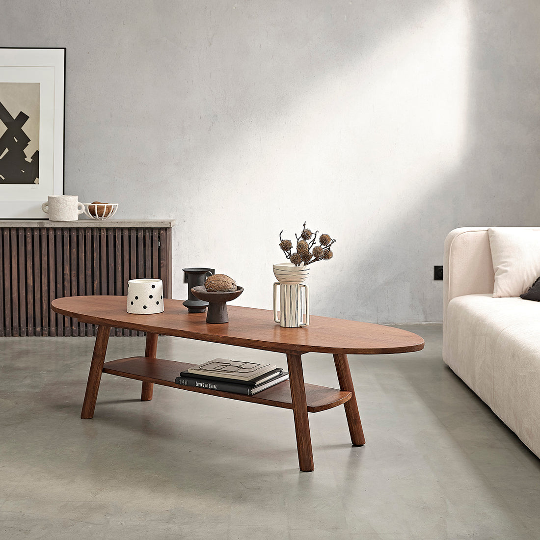 MILO - Table basse en mindi massif finition noyer 160 cm