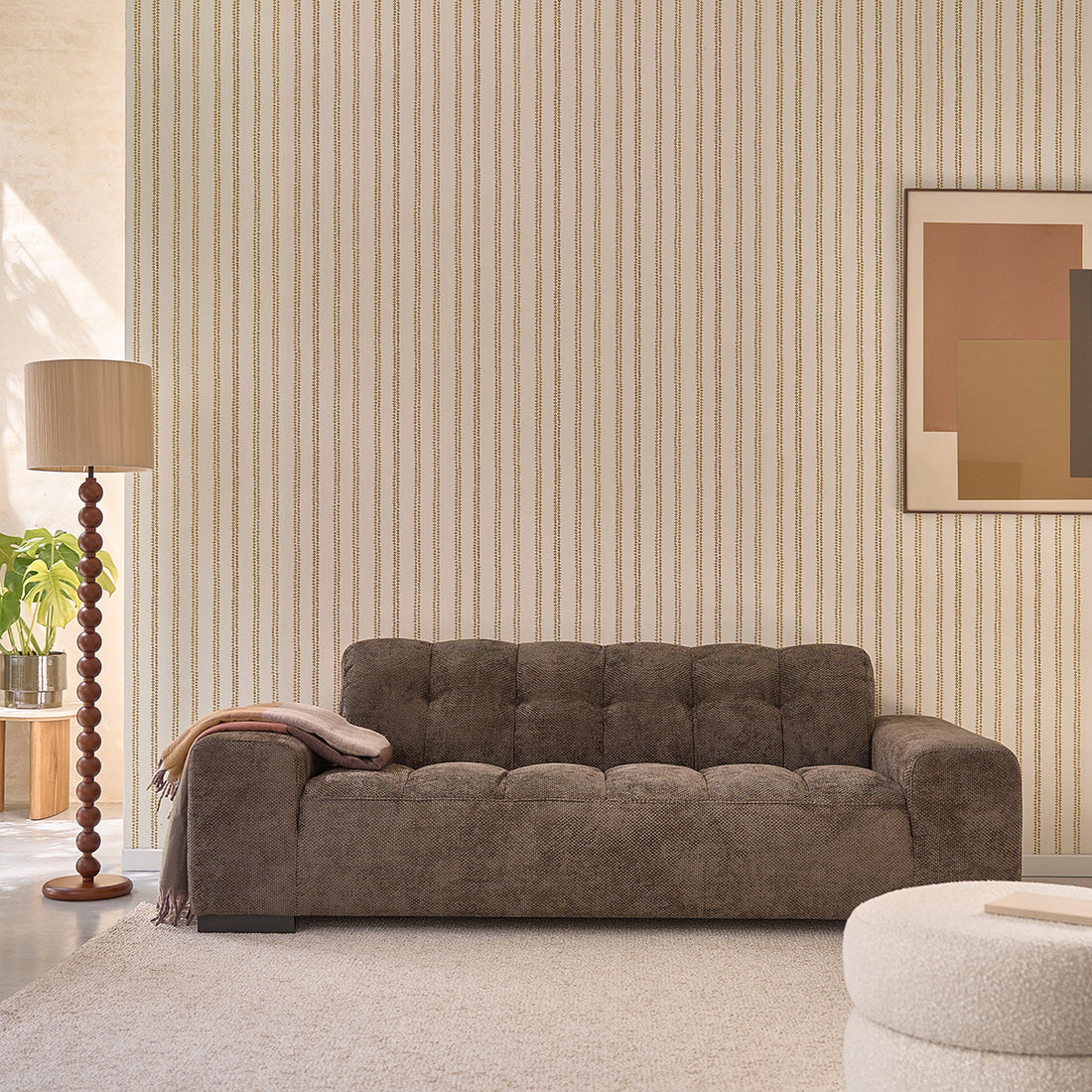 ALPHONSE - Canapé droit 3 places en velours tressé moka